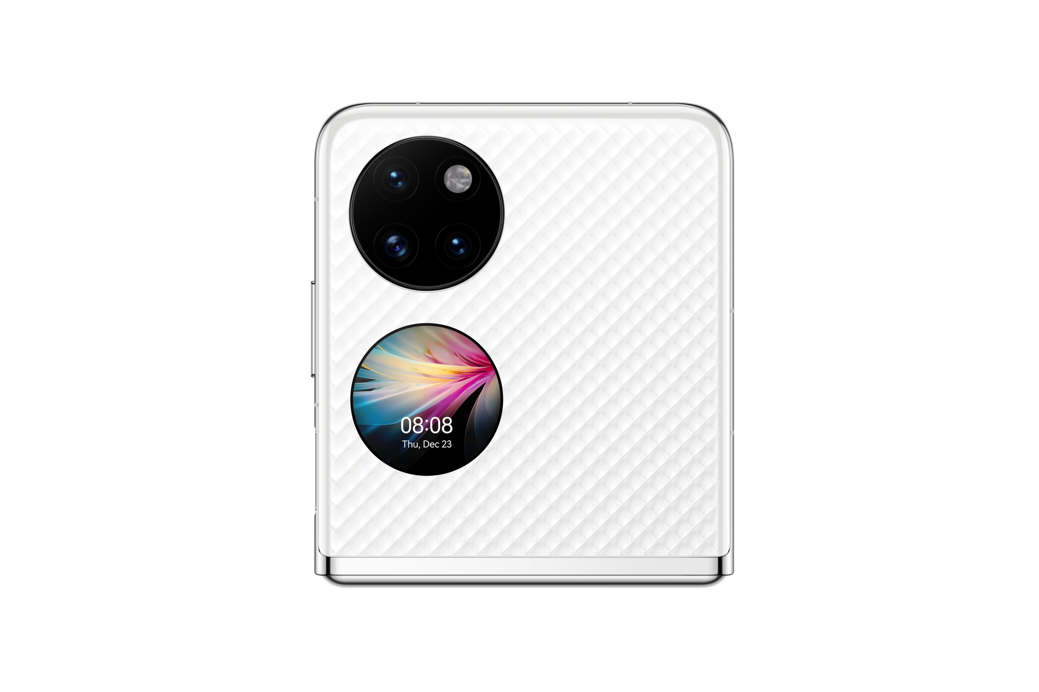 Biały smartfon z pętlą aparatu i okrągłym ekranem.