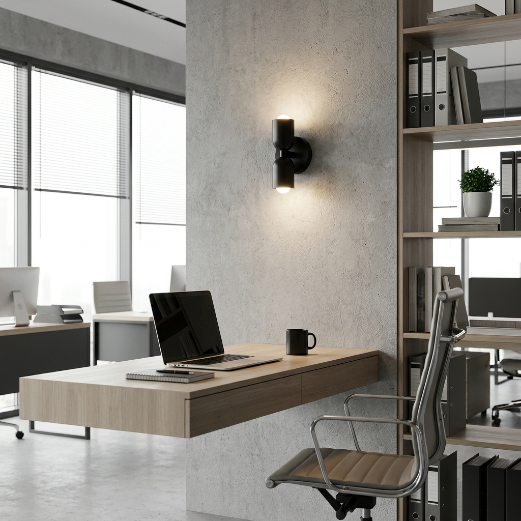 Un espacio de oficina moderno con escritorio flotante, portátil, taza y silla de oficina.