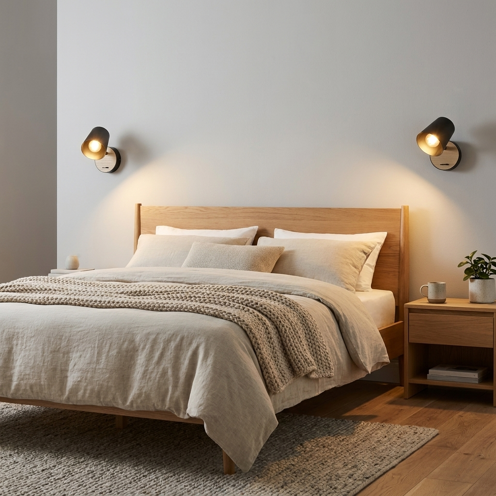 Un dormitorio luminoso con una cama doble, ropa de cama de lino y una manta tejida.