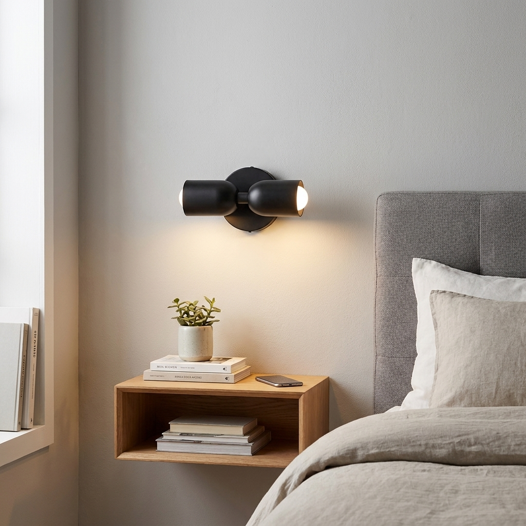 Un aplique de pared doble negro ilumina una mesita de noche con libros y una planta.