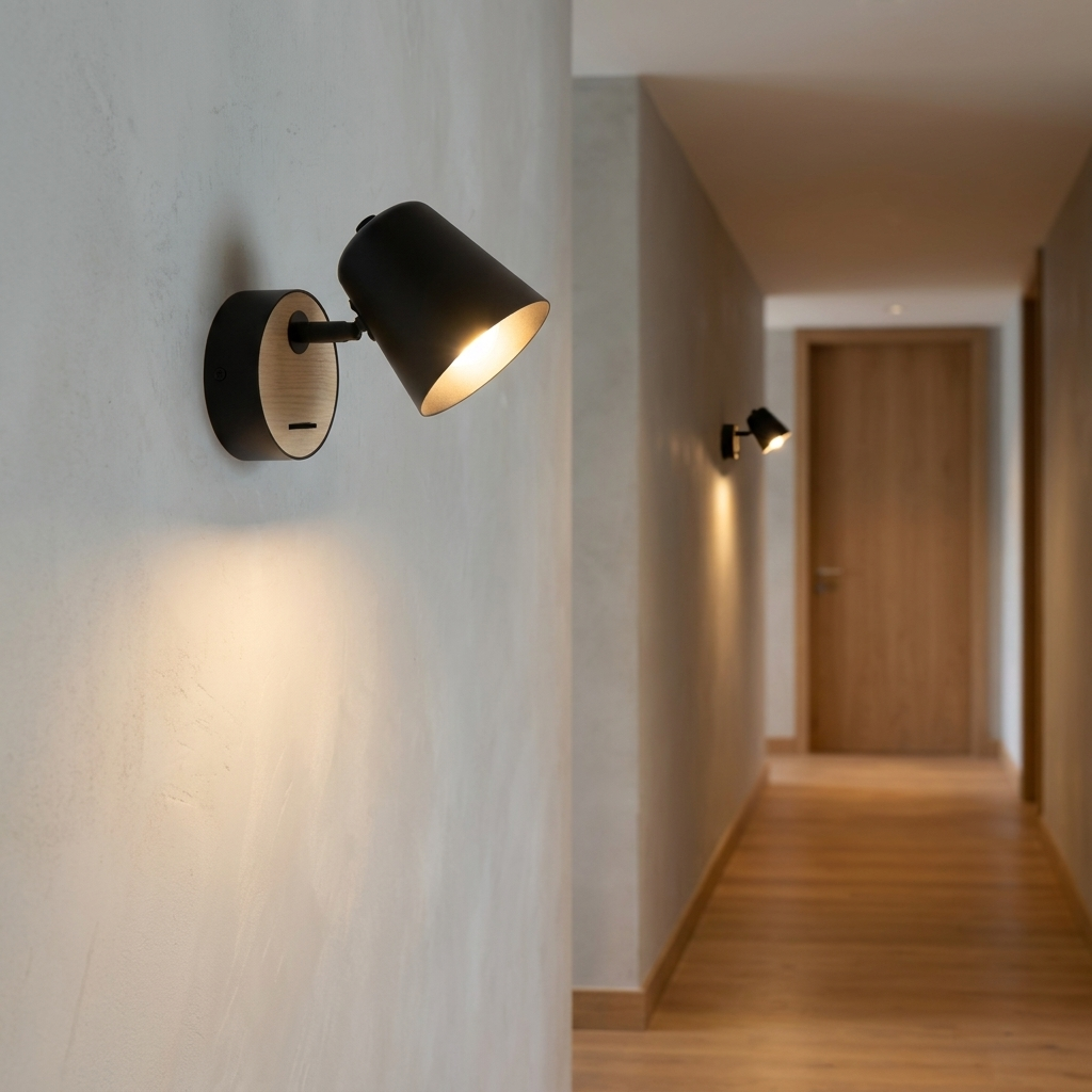 Un foco de pared negro con detalle de madera brilla sobre una pared gris claro.