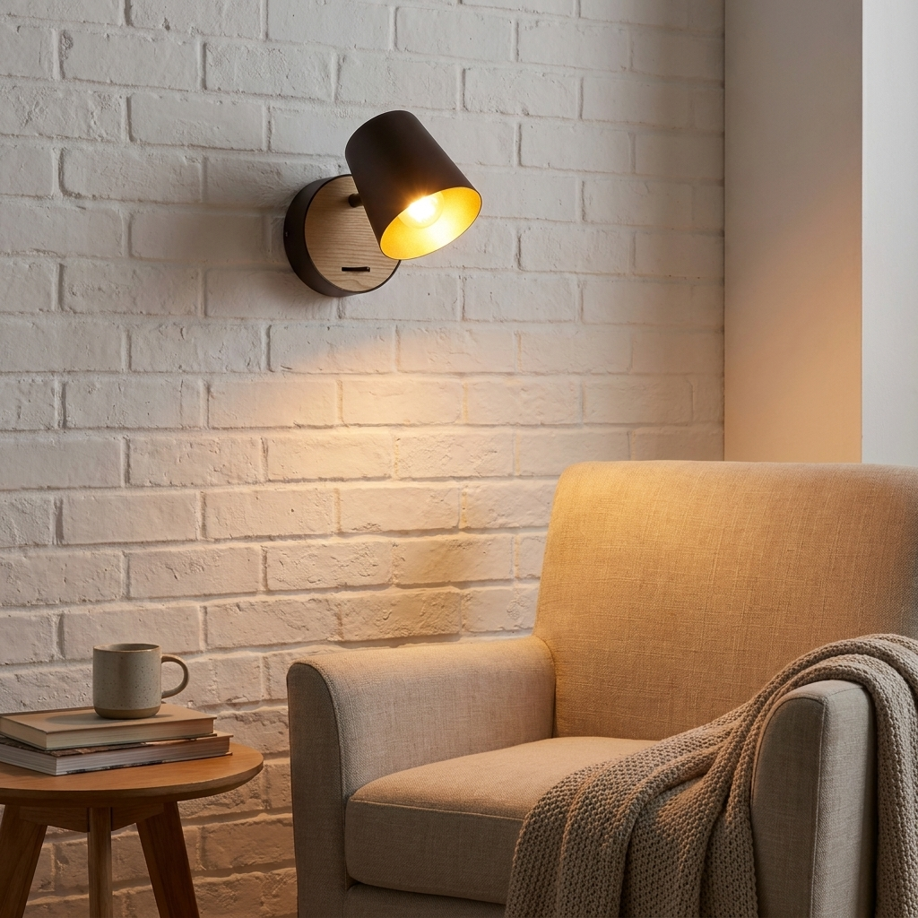 Un sillón junto a una mesita auxiliar con libros y una taza.