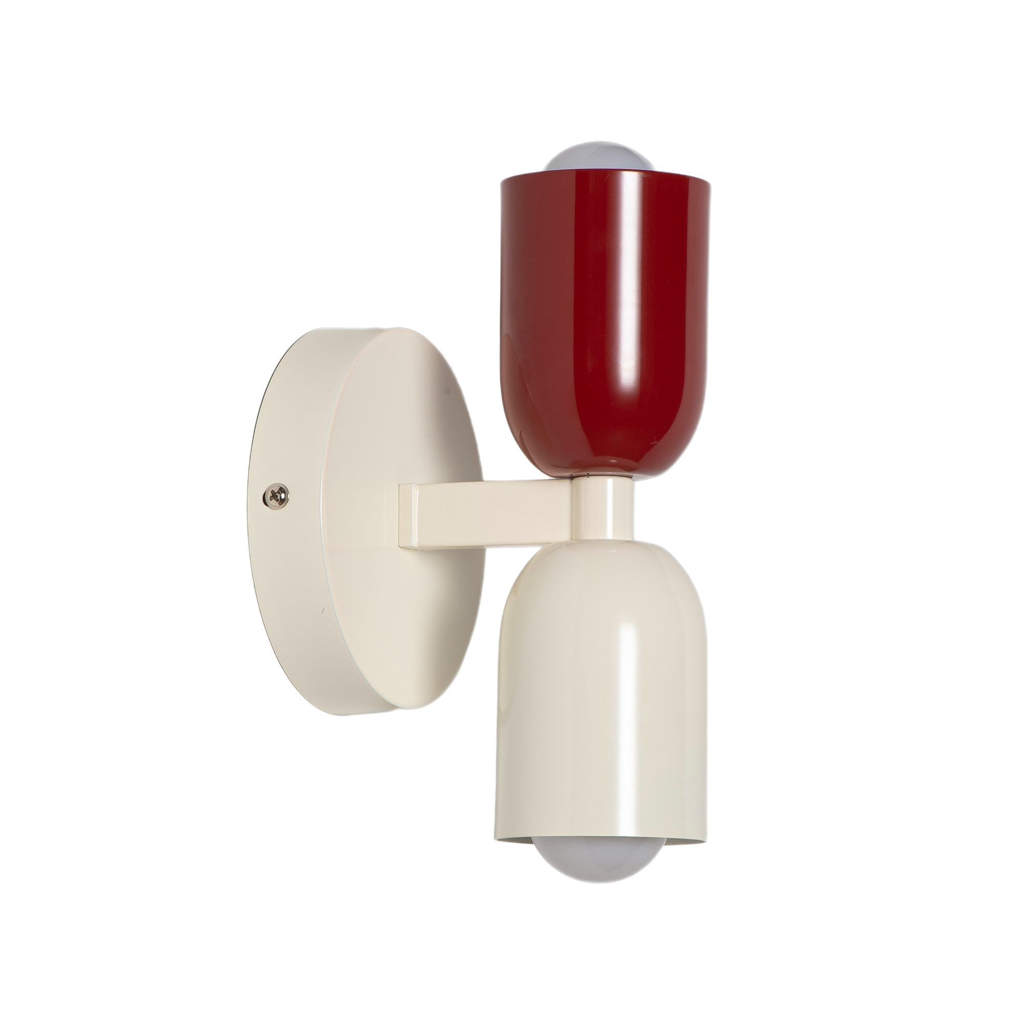 Una lámpara de pared con dos pantallas, roja y crema, con luces.