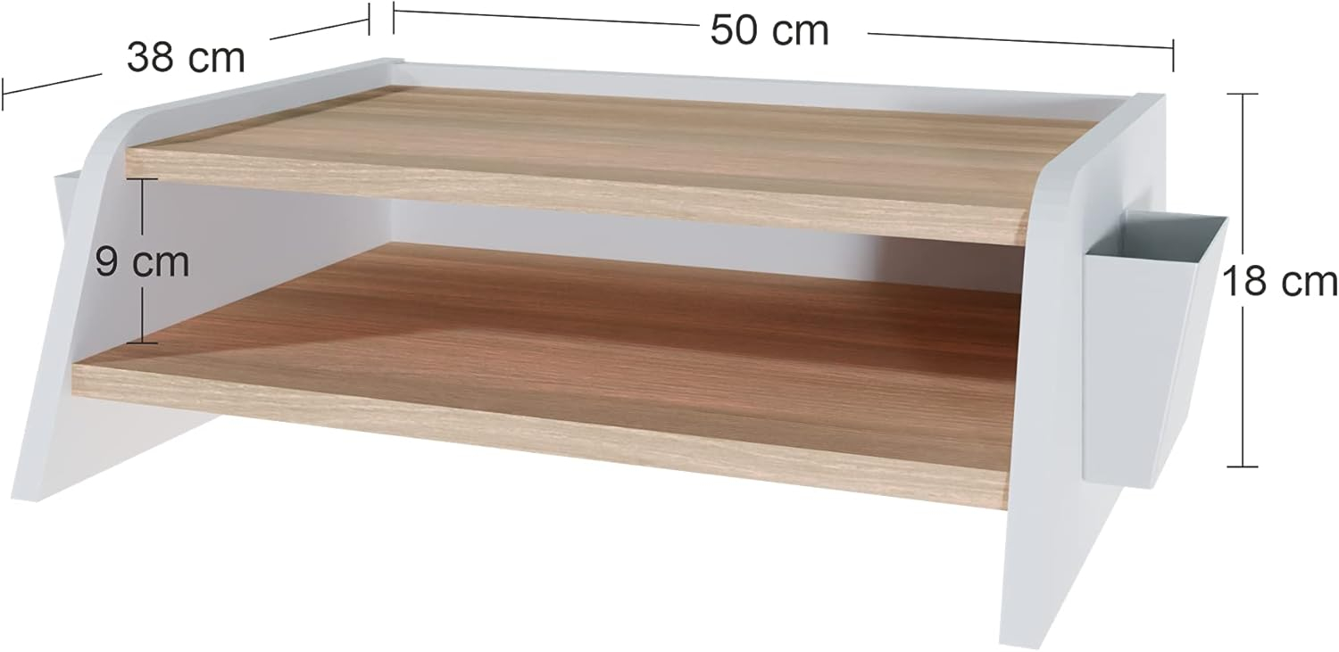 Un estante blanco con dos baldas de madera, 50x38x18 cm.
