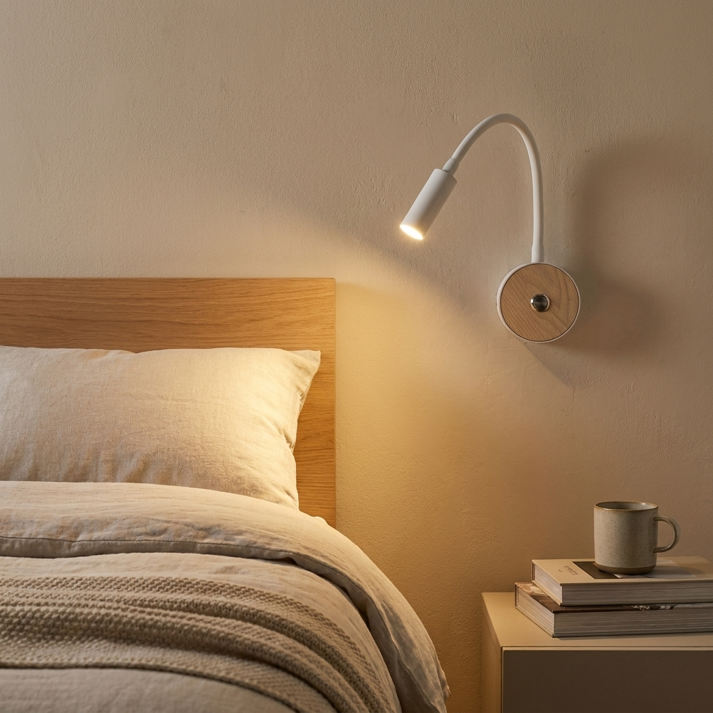 Una mesita de noche con libros y una taza junto a una cama con cabecero de madera.