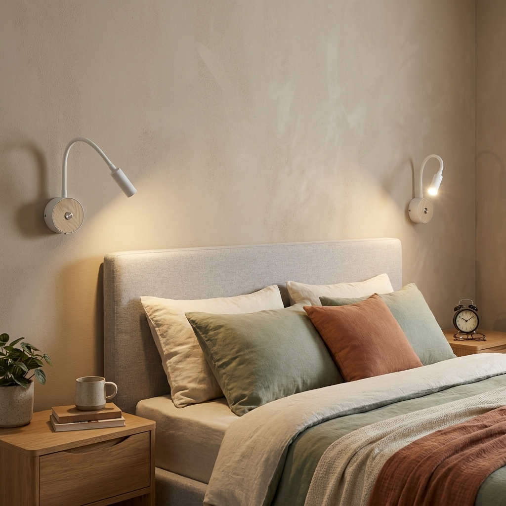 Una cama con cojines y mantas, mesita de noche con lámpara y reloj, apliques.
