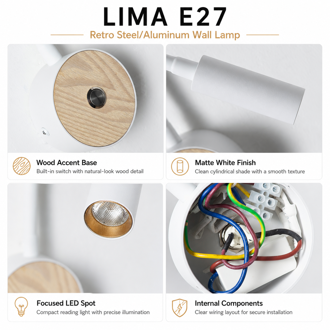 Lámpara de pared LIMA E27: base de madera, acabado blanco mate, foco LED, cableado interno.