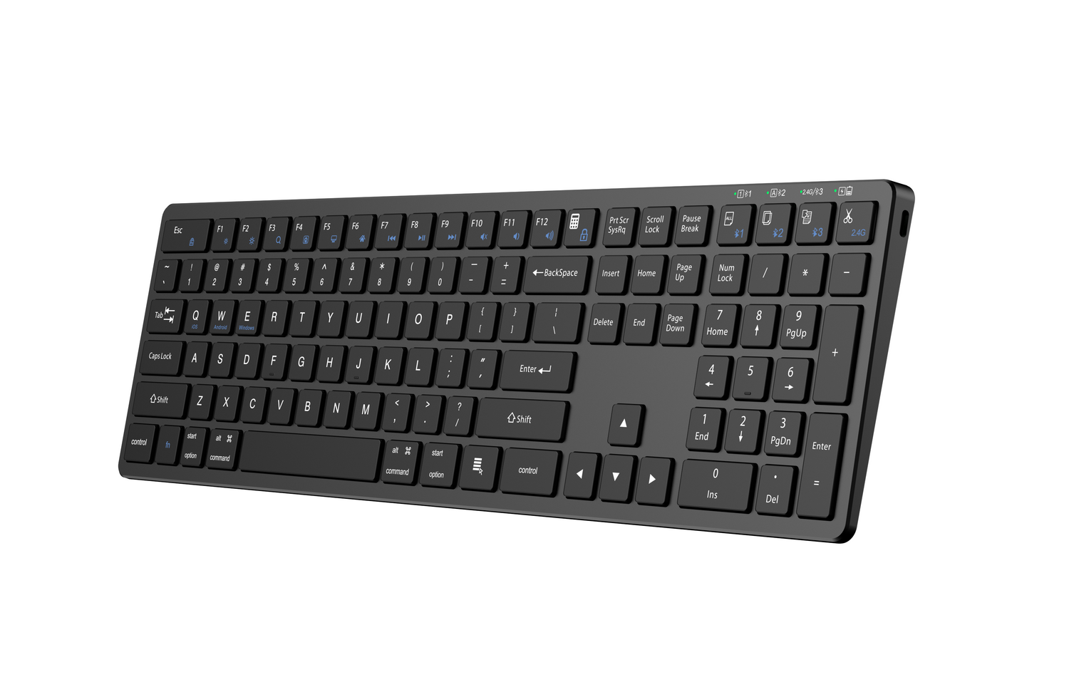 Czarna klawiatura QWERTY z blokiem numerycznym, na białym tle.