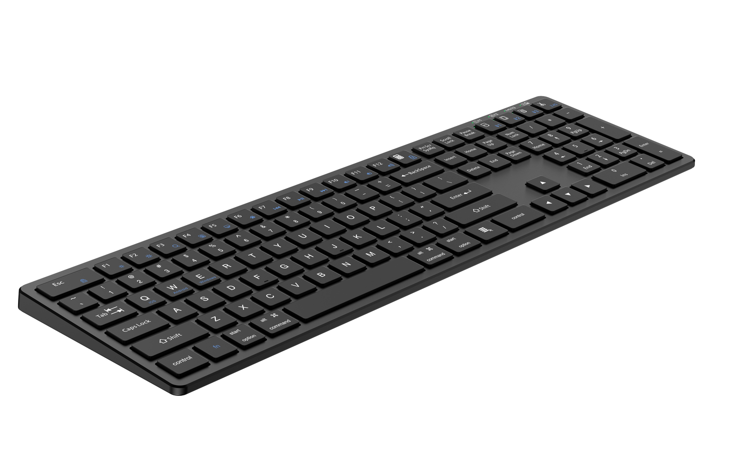 Czarna klawiatura z układem QWERTY i klawiaturą numeryczną.