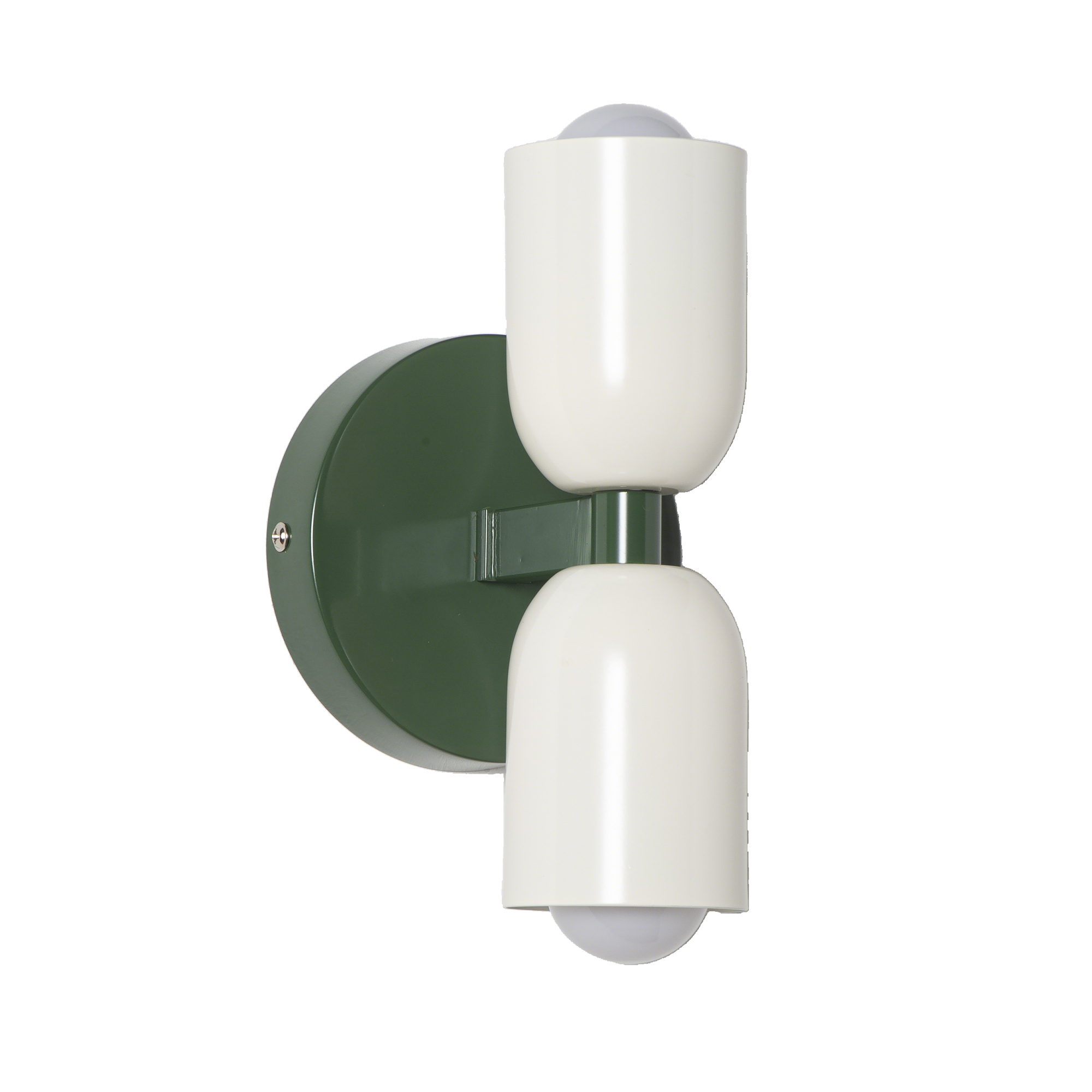 Una lámpara de pared moderna con base verde y dos pantallas cilíndricas blancas.