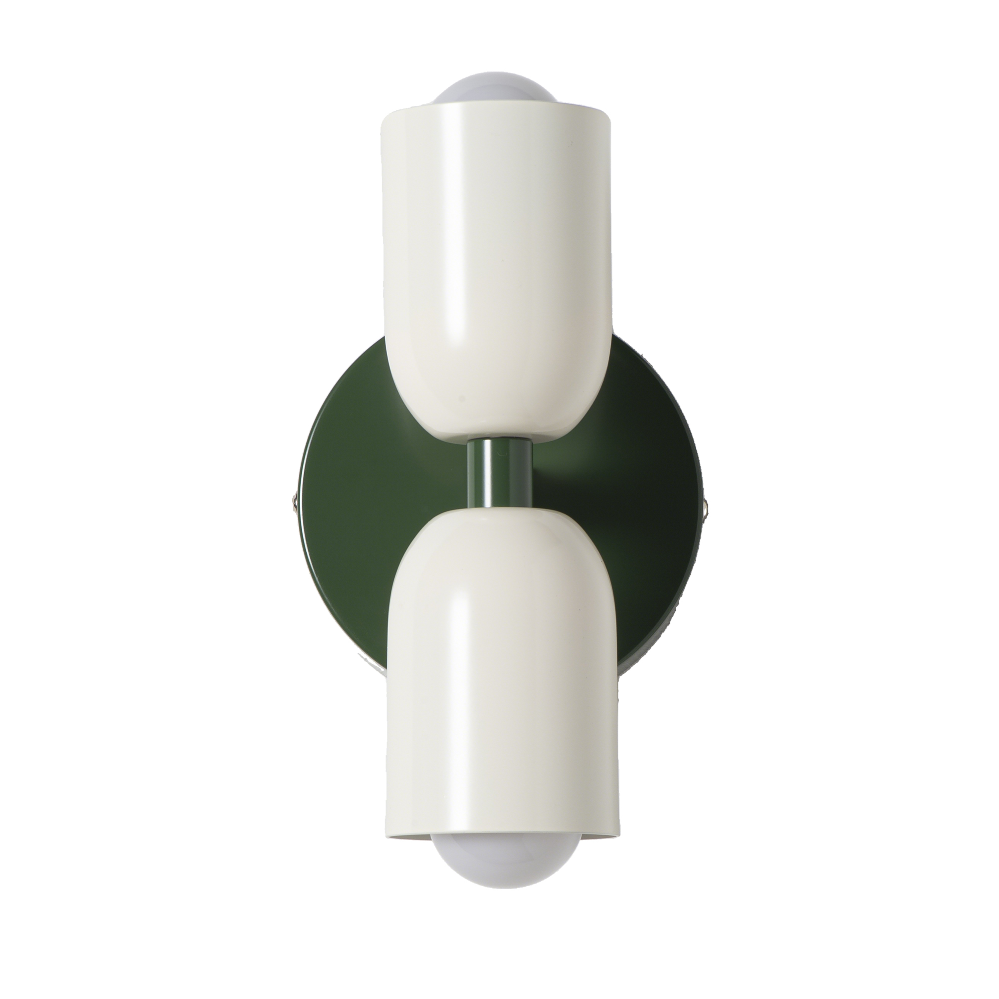 Una lámpara de pared blanca con dos pantallas y una base redonda verde oscuro.