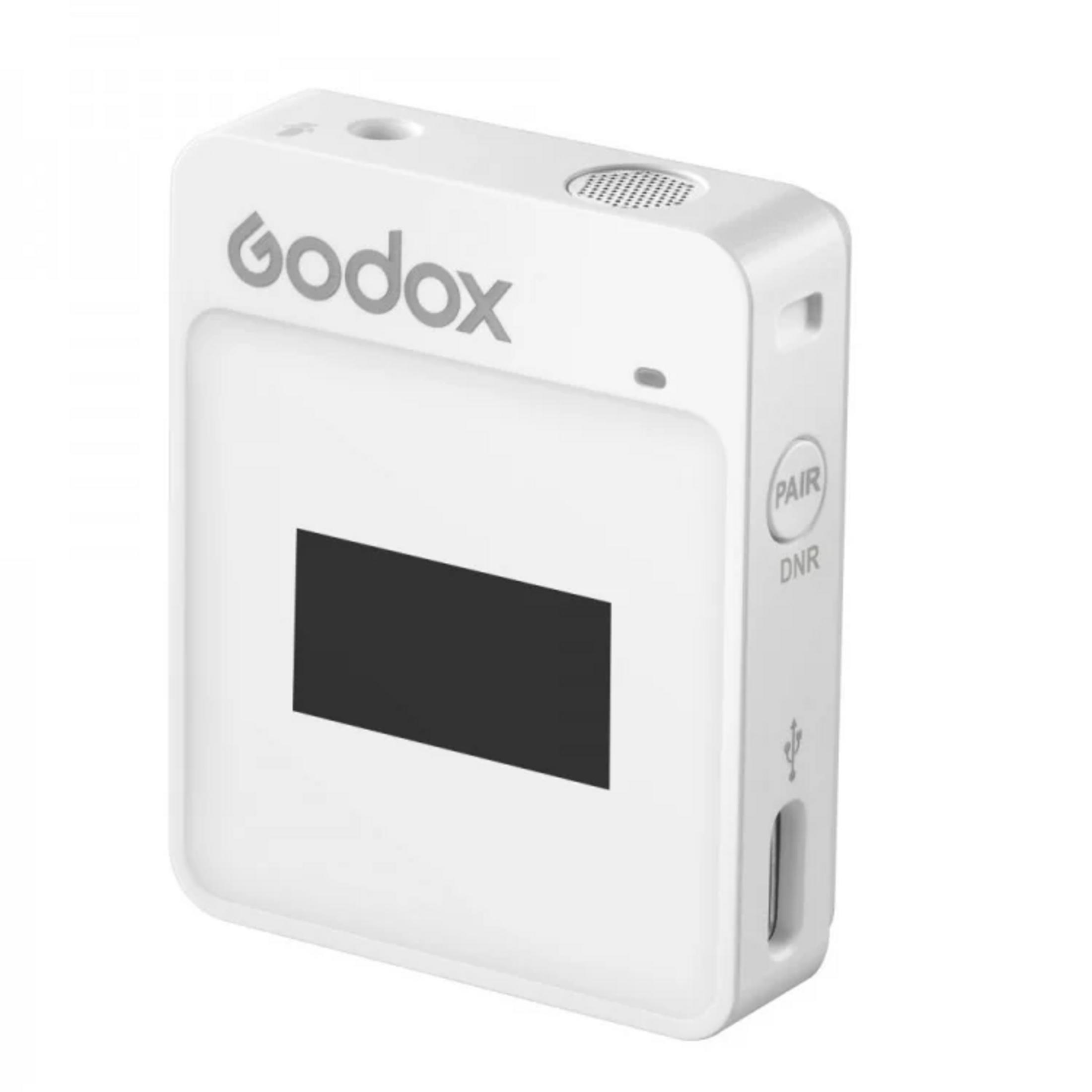 Dispositivo Godox bianco con schermo nero, porta USB e pulsanti PAIR/DNR.