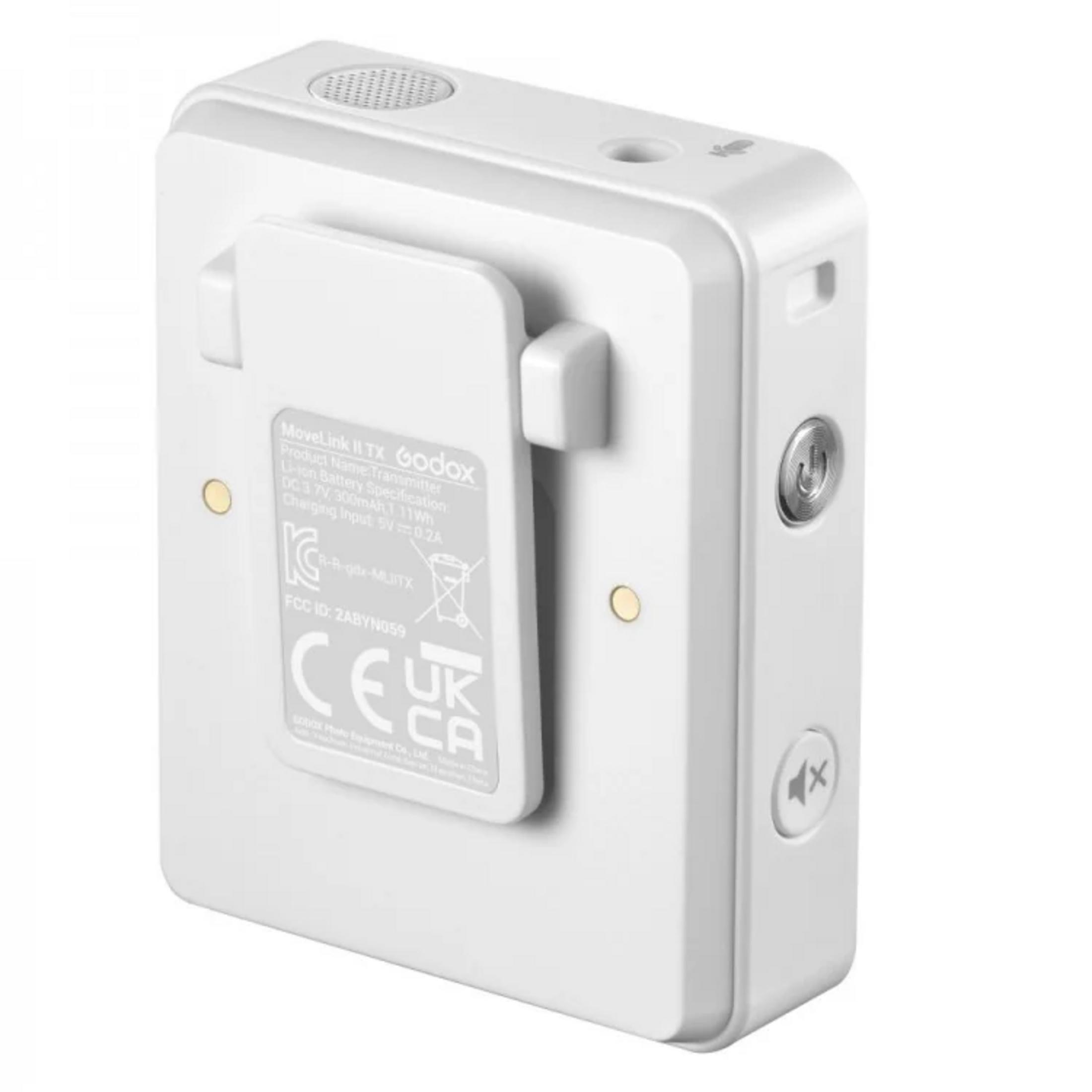 Godox MoveLink II TX bianco con clip, icona altoparlante e pulsante di accensione.