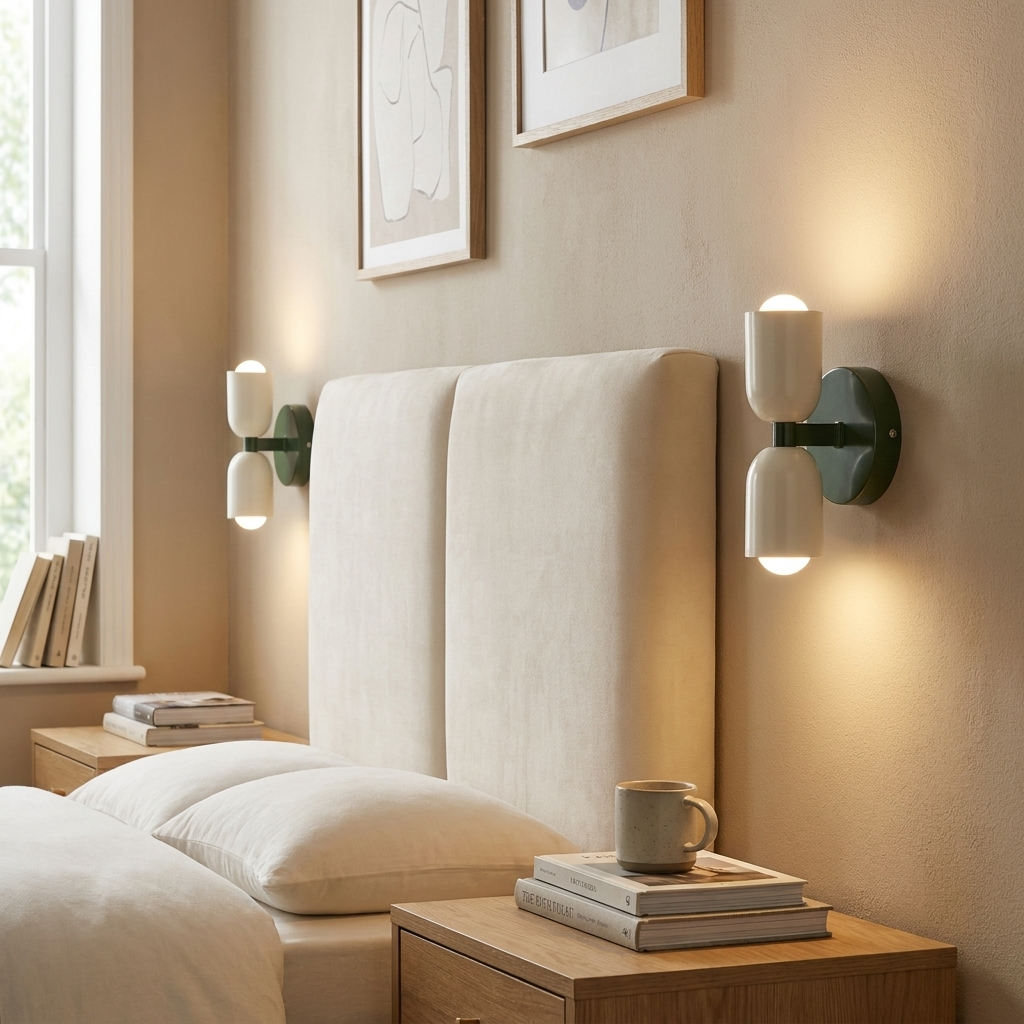 Una cabecera beige con dos apliques de pared y arte en la pared.