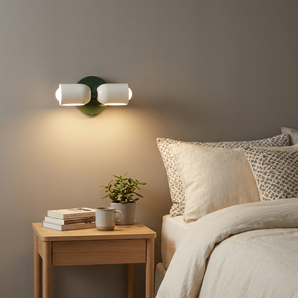 Una mesita de noche con libros, una taza y una planta junto a una cama.