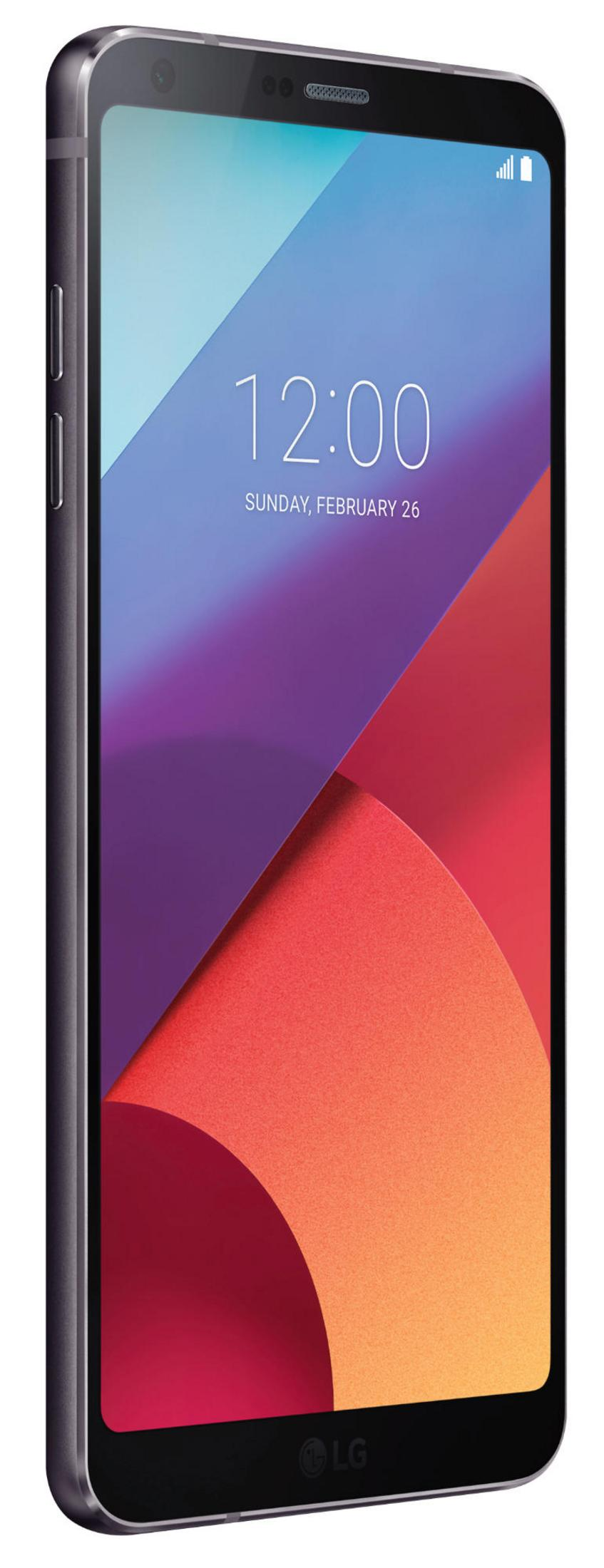 Ein dunkelgraues LG-Smartphone zeigt 12:00 Uhr, Sonntag, 26. Februar auf einem bunten Hintergrund.