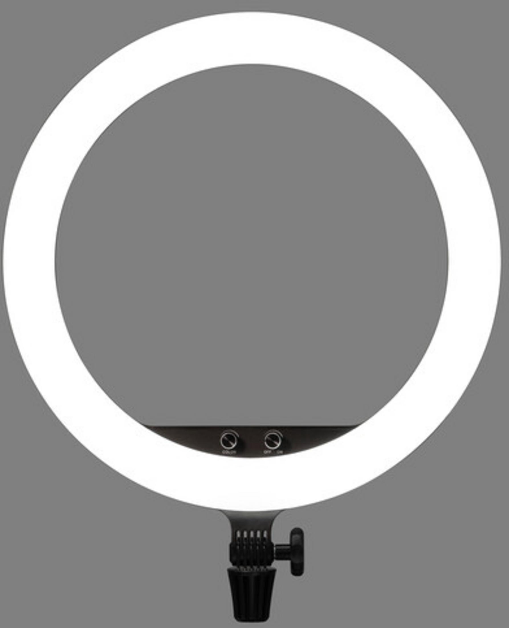 Ein leuchtender Ringlicht mit schwarzer Halterung und zwei Knöpfen.