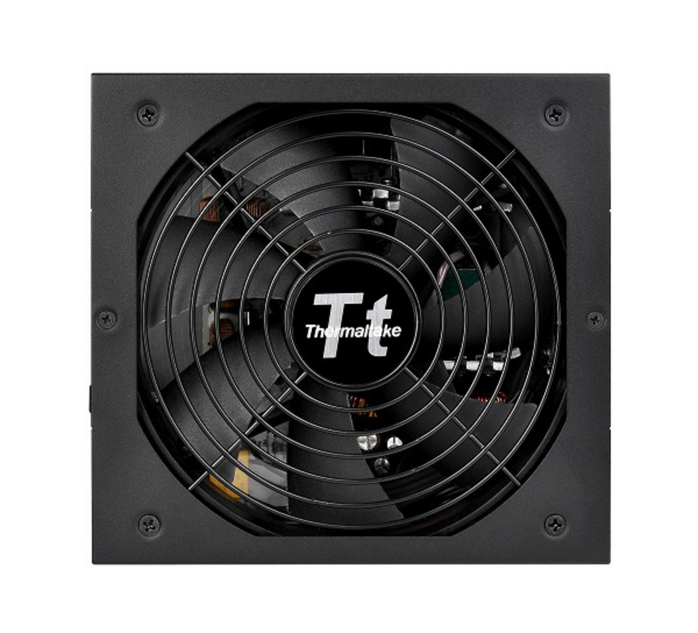 Alimentatore PC nero con griglia ventola e logo Thermaltake.