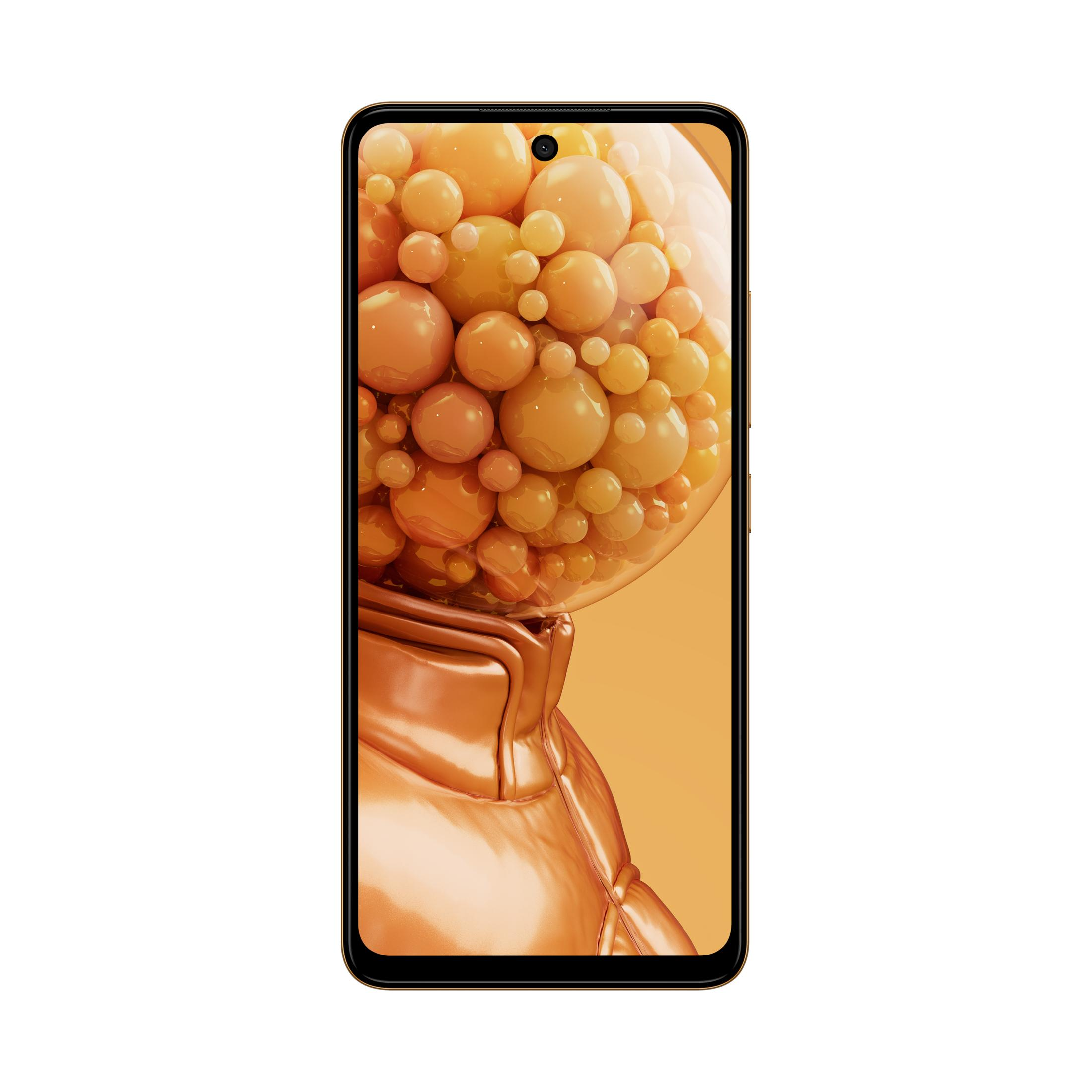 Ein Smartphone mit einem orangen, blasenartigen Muster auf dem Bildschirm.