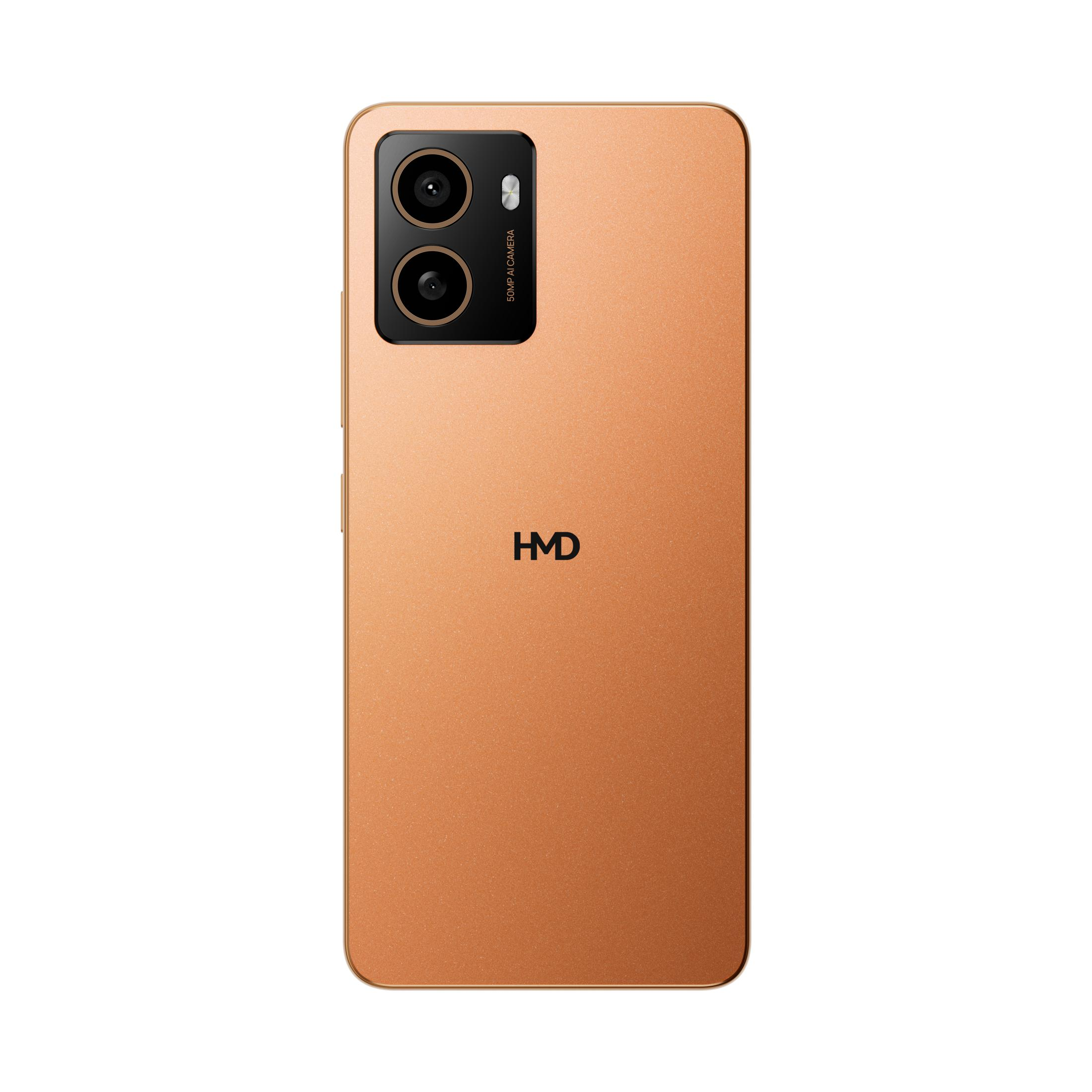 Rückseite eines bronzefarbenen Smartphones mit zwei Kameras und HMD-Logo.