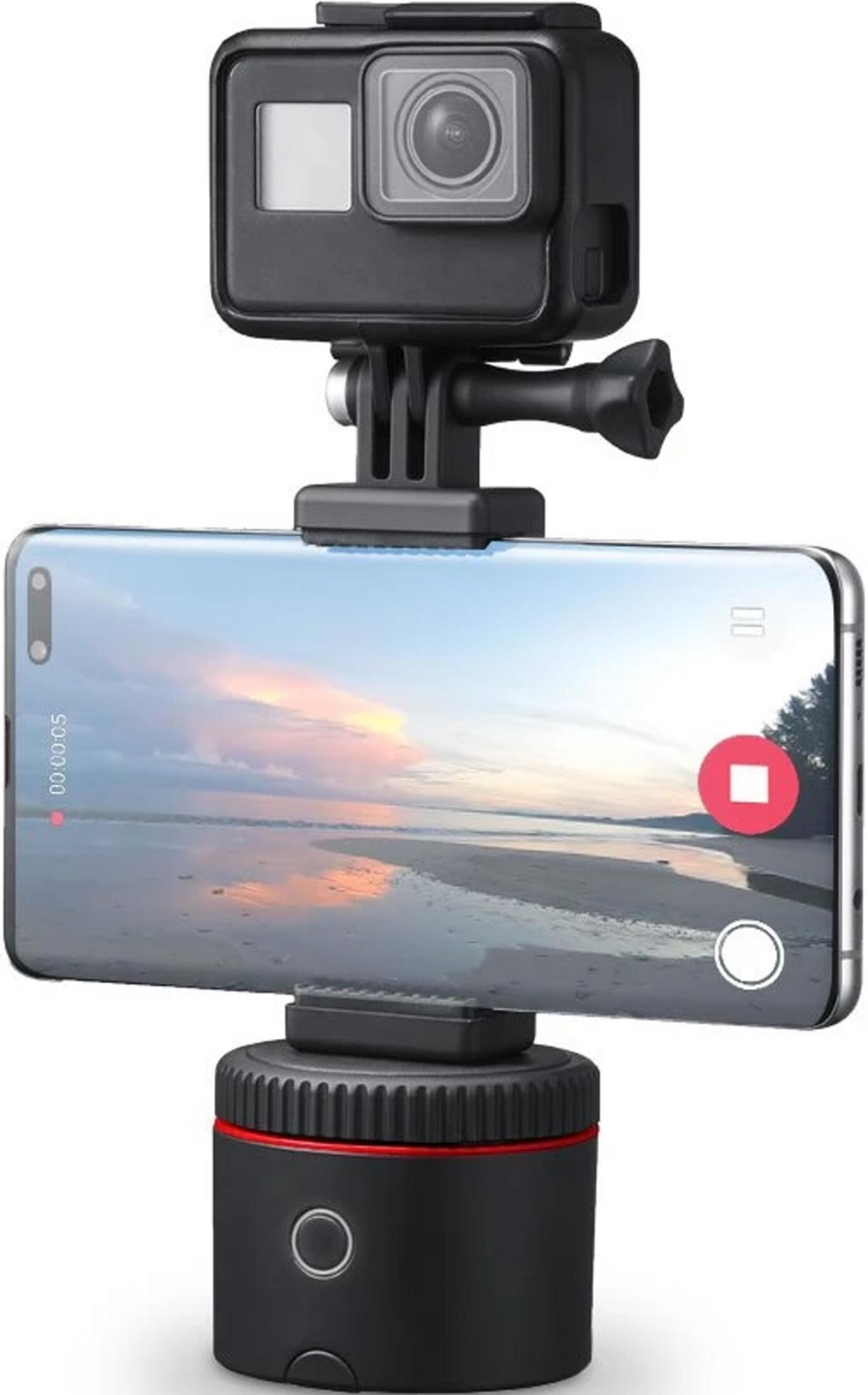 Eine schwarze GoPro-Kamera ist auf einem Smartphone auf einem schwarzen Gimbal-Sockel montiert.