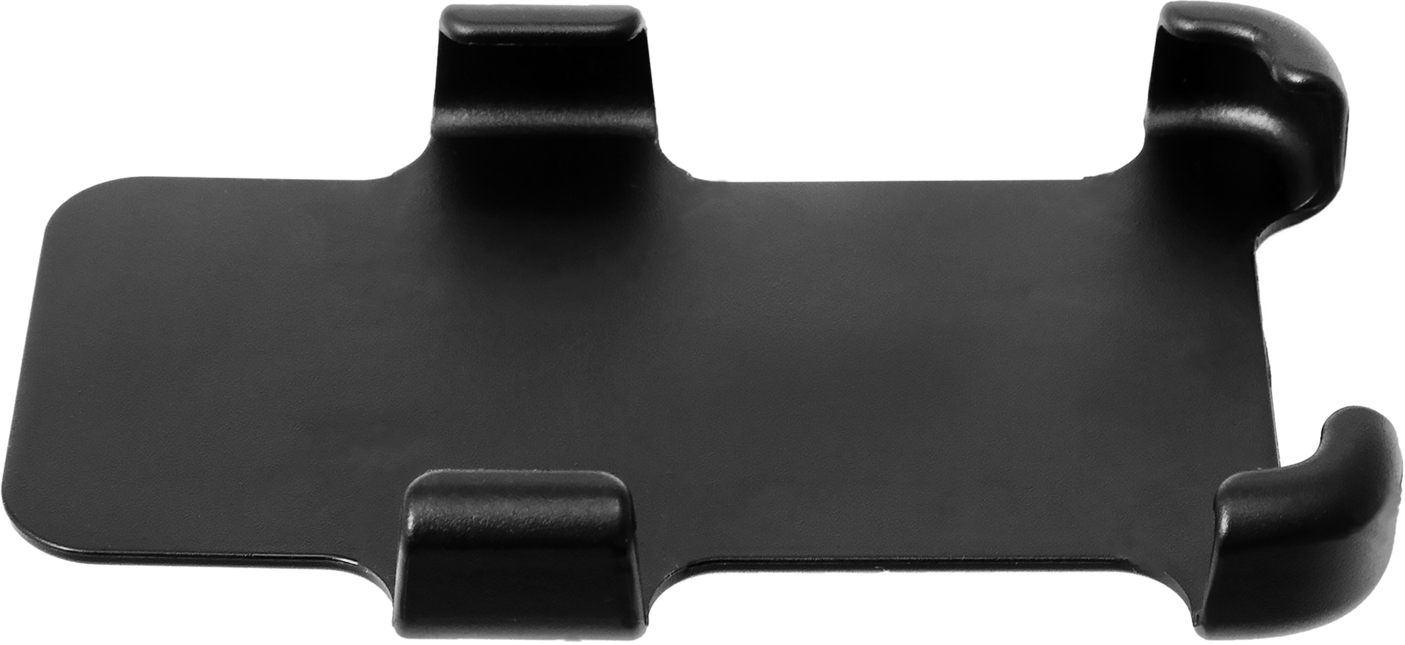 Ein schwarzer, rechteckiger Halter mit vier gebogenen Haltearmen, auf weißem Hintergrund.