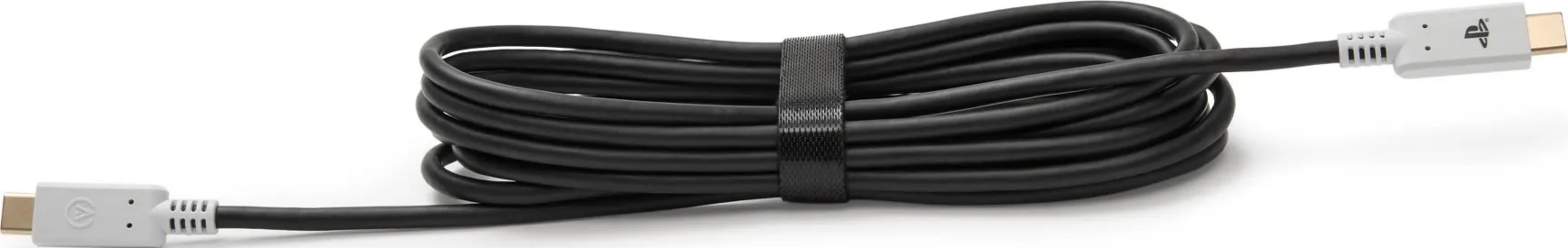 Czarny, zwinięty kabel z białymi złączami, jedno z logo PlayStation.