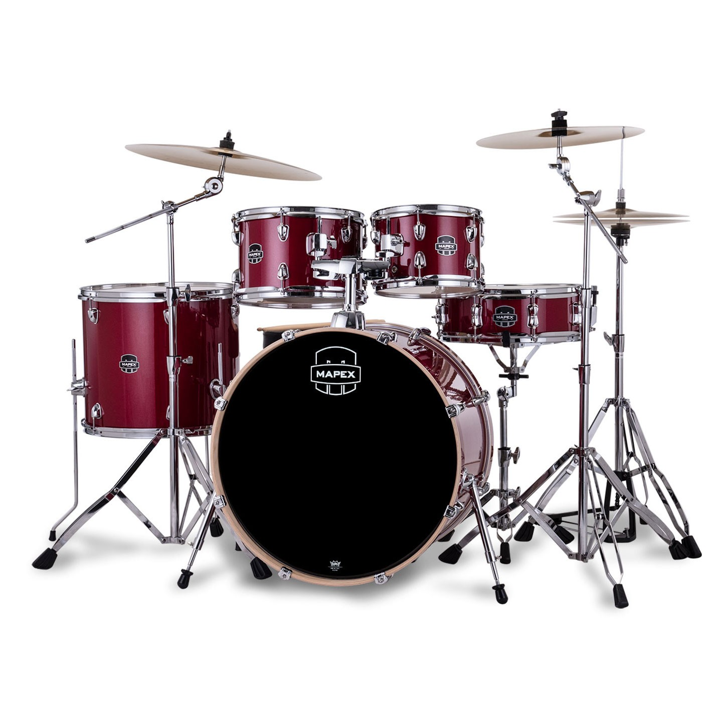 Siyah bas davul başlığı ve gümüş rengi zil setine sahip bordo Mapex bateri.