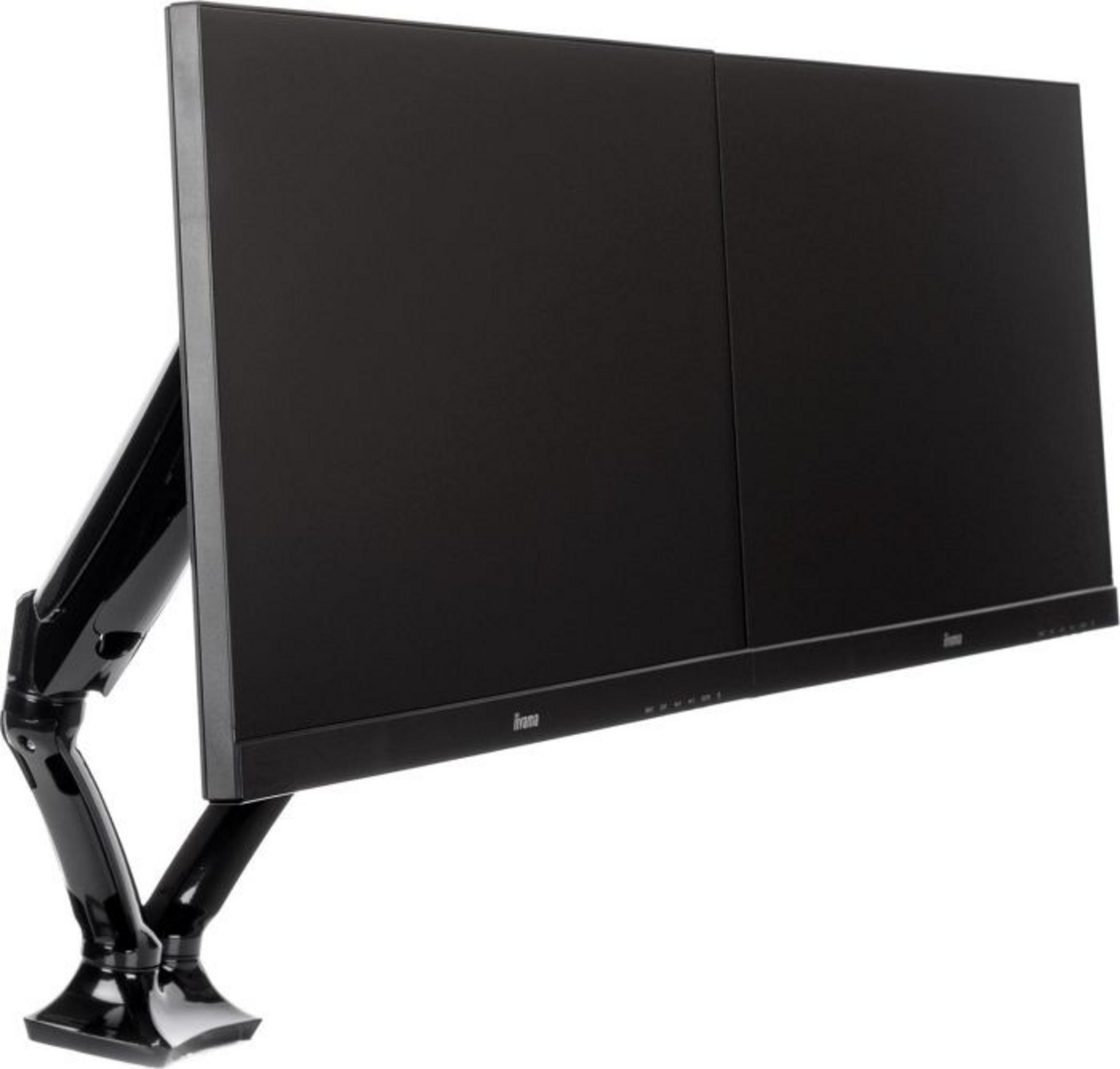 Zwei schwarze Monitore auf einem flexiblen Armständer, die auf einem weißen Hintergrund stehen.