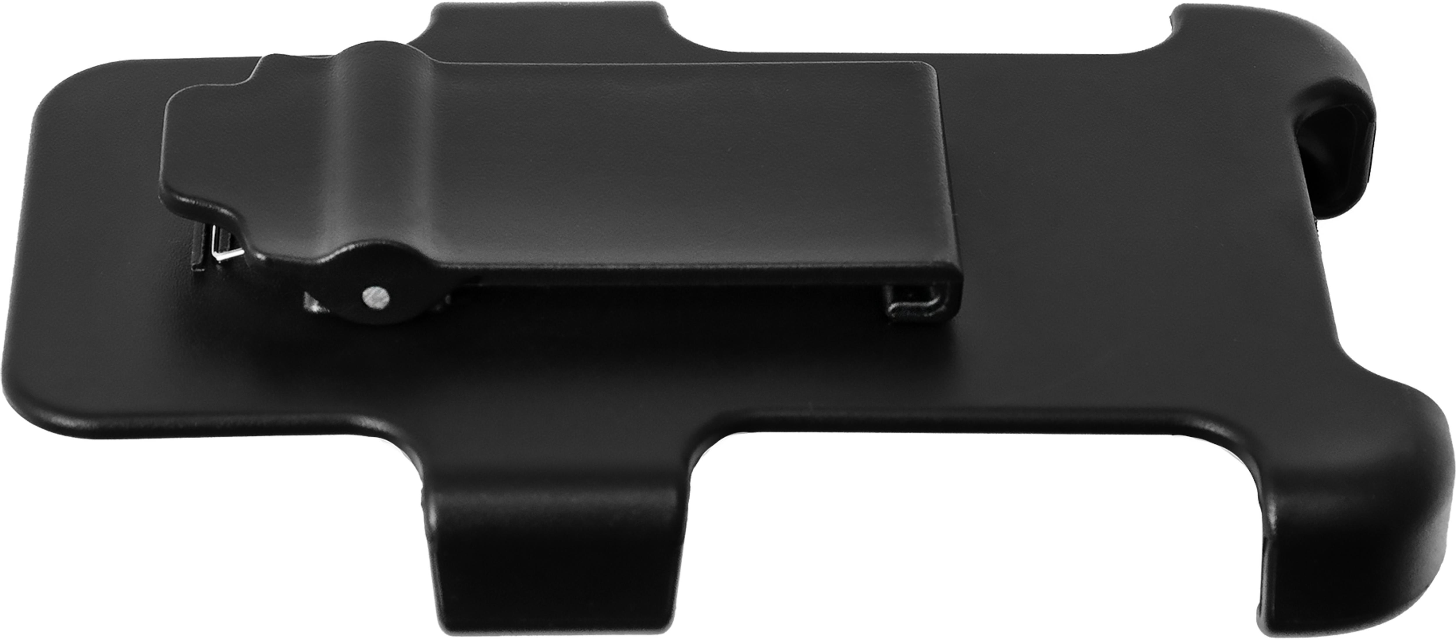 Ein schwarzer Gürtelclip für ein Mobiltelefon, mit einer Hakenform.