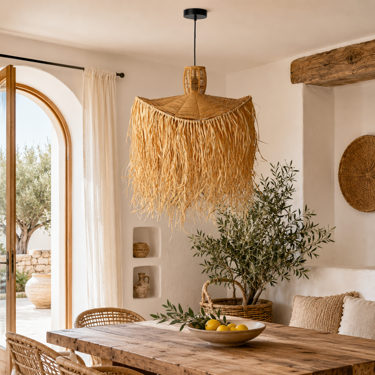 Una mesa rústica de madera con limones y plantas bajo una lámpara tejida.