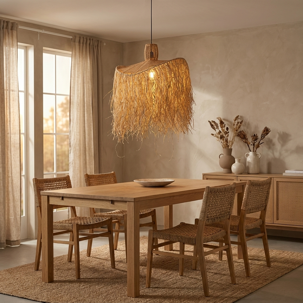 Mesa de comedor de madera con cuatro sillas de ratán, cortinas y lámpara de paja.