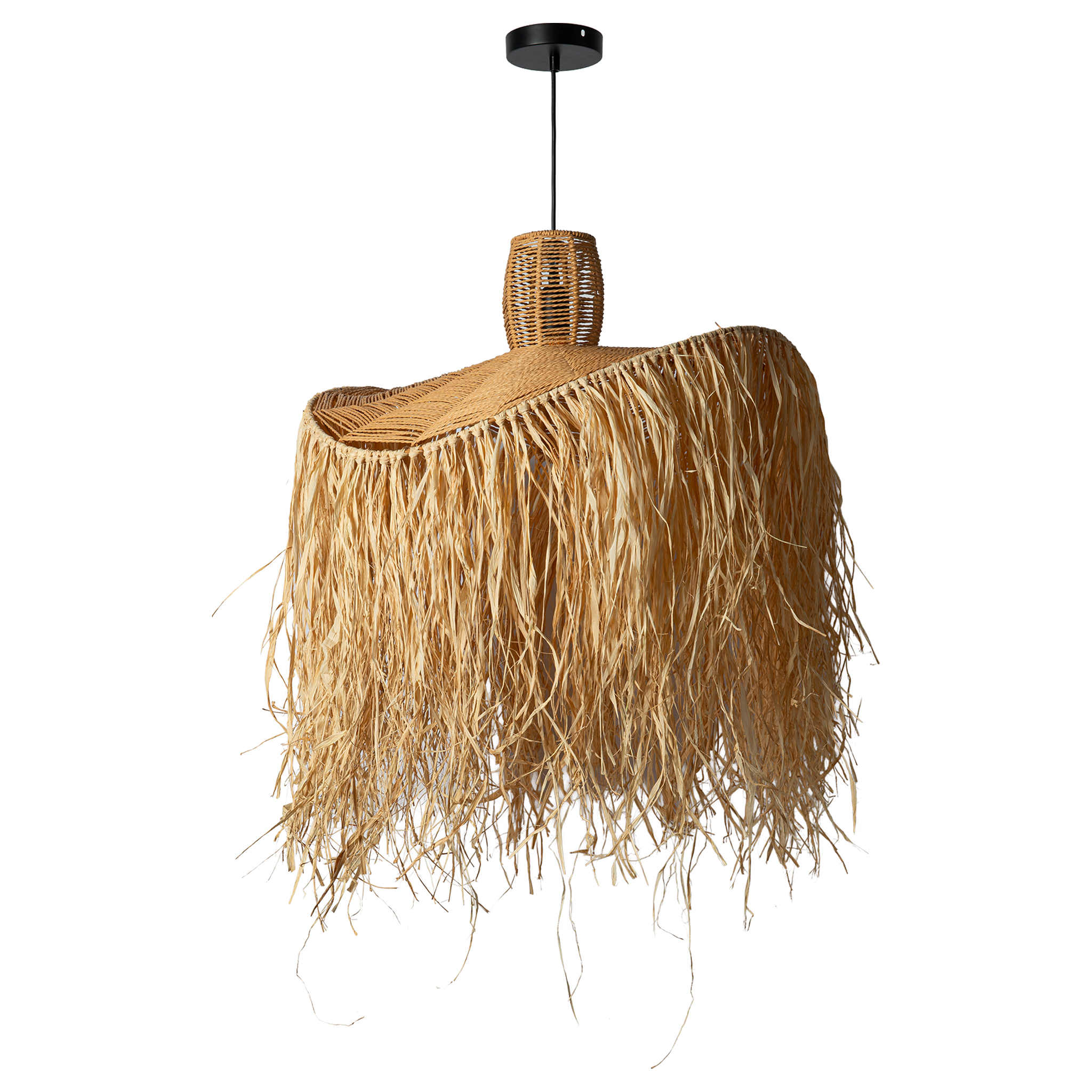 Lámpara colgante de fibra natural con parte superior tejida y falda de flecos.