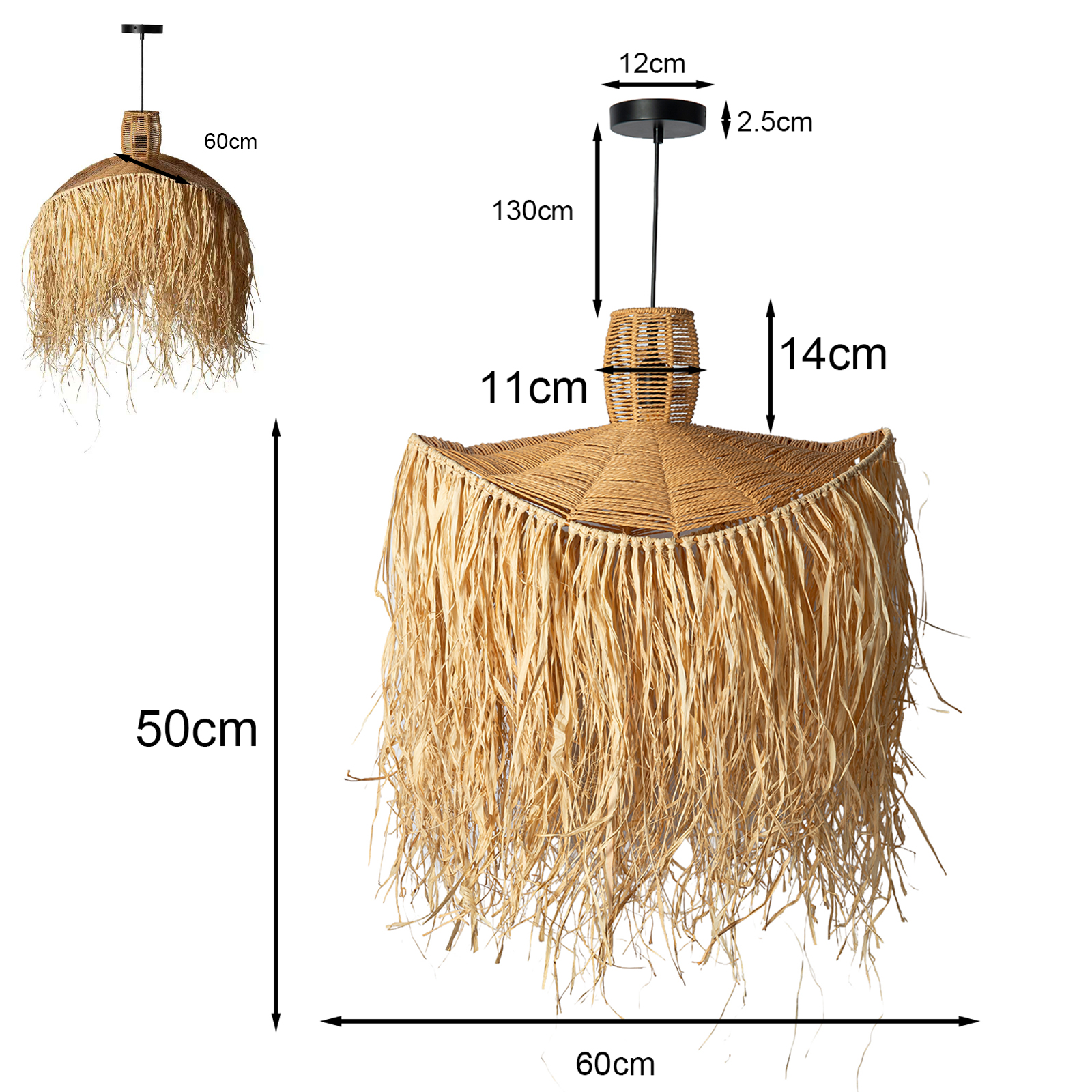 Lámpara colgante de ratán con flecos, 60cm de ancho, 50cm de alto.