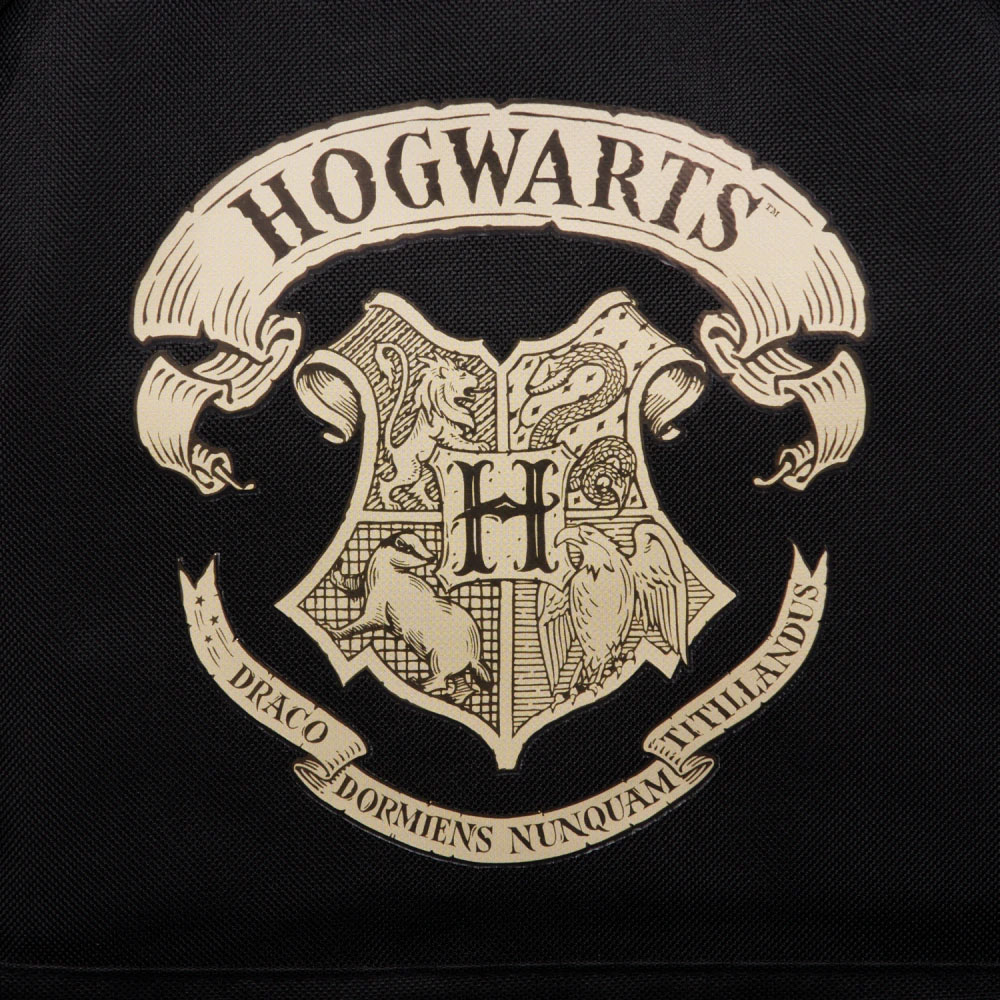 Hogwarts-Wappen mit Löwe, Schlange, Dachs und Adler auf schwarzem Hintergrund.