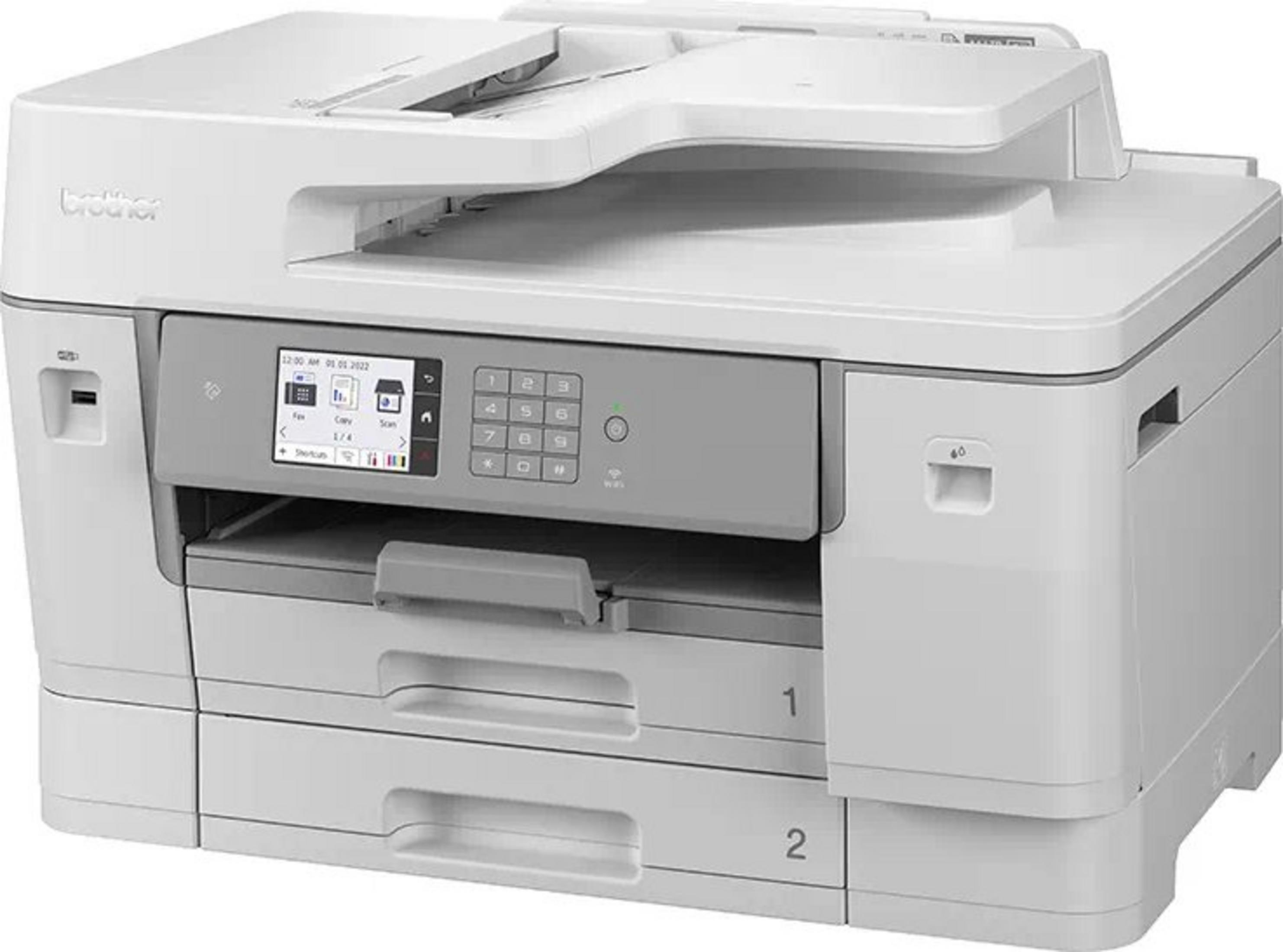 A white Brother printer with paper drawers and a touchscreen control panel.
