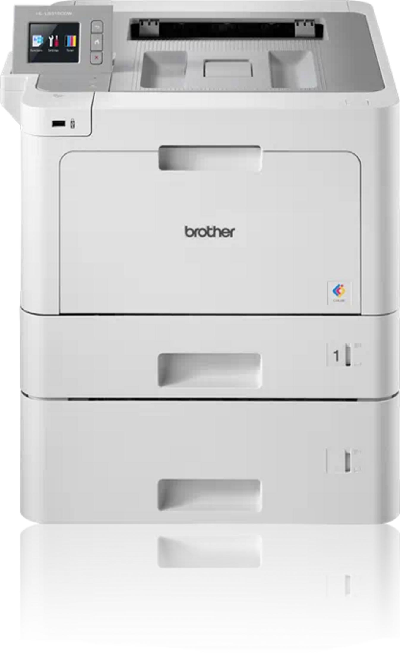 Stampante laser Brother bianca con display touchscreen e due vassoi carta.