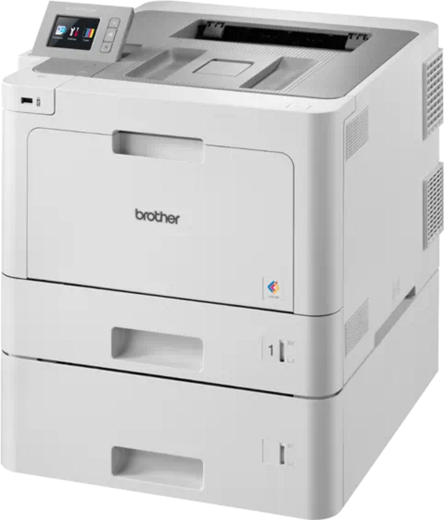 Una stampante Brother bianca con display touchscreen e due cassetti carta.