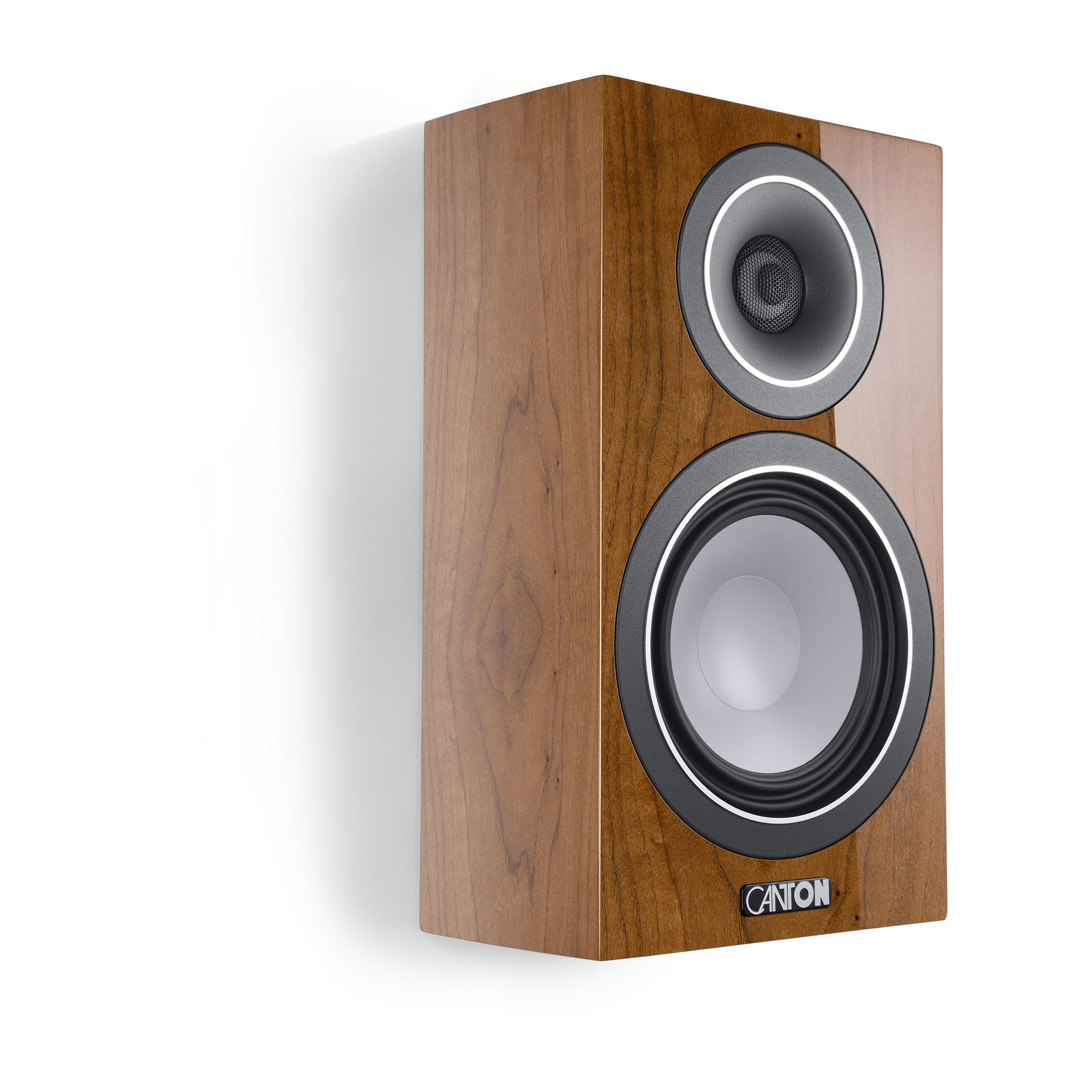 Bruine houten luidspreker met zwarte tweeter en woofer.