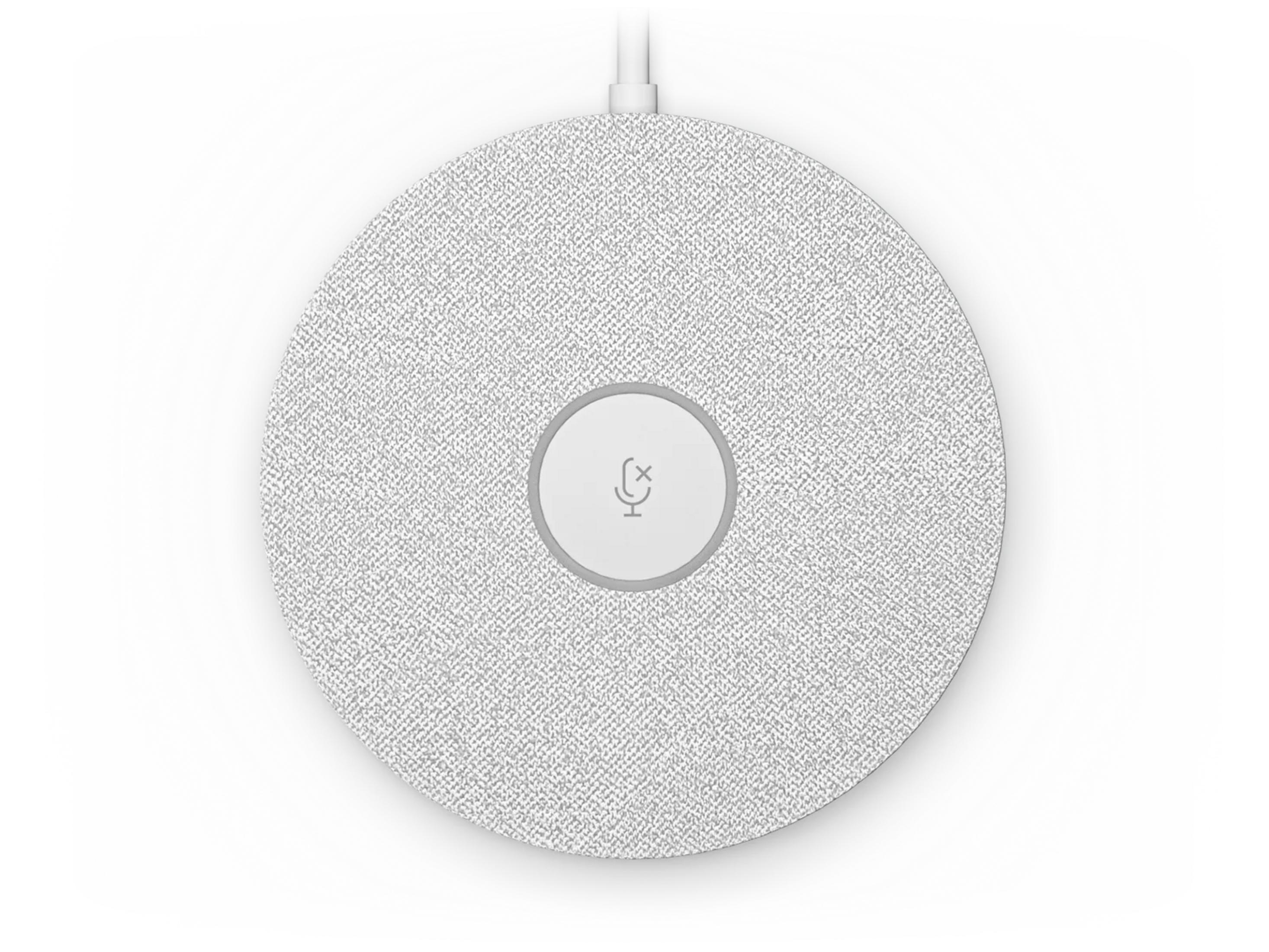 Un altoparlante rotondo bianco con un'icona del microfono al centro.