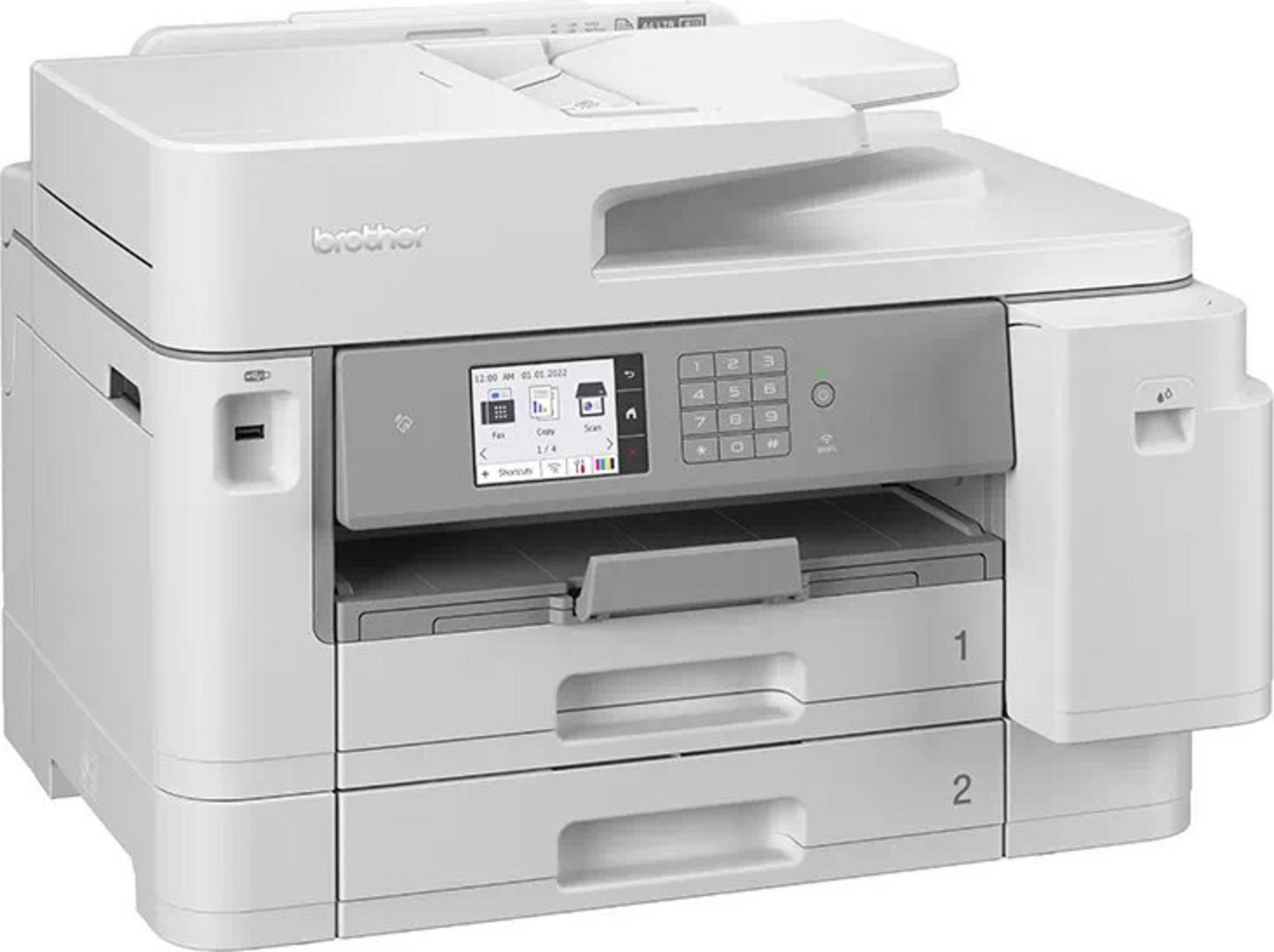 Een witte Brother multifunctionele printer met touchscreen en toetsenbord.