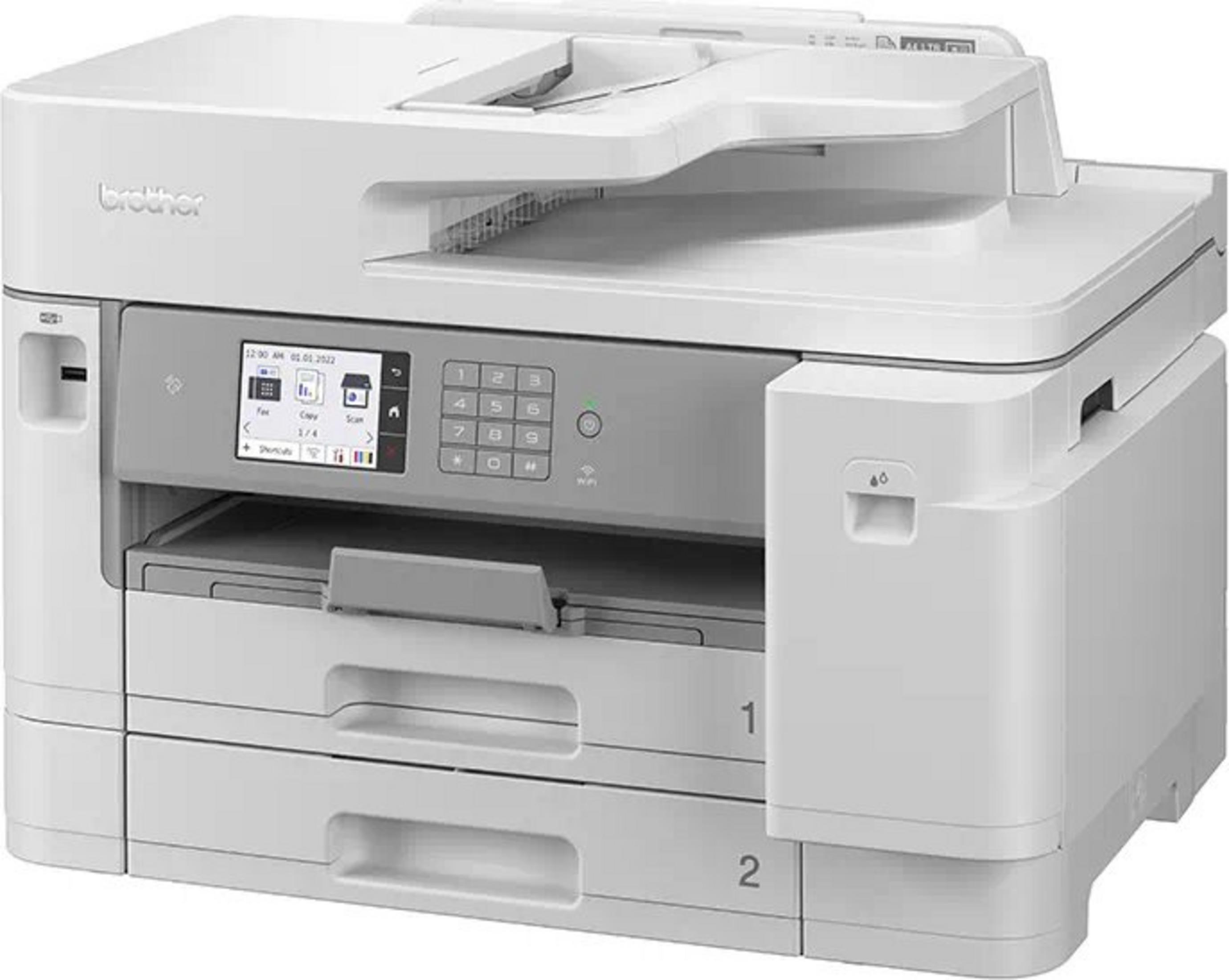 Een witte Brother printer met touchscreen, toetsenbord en twee papierladen.