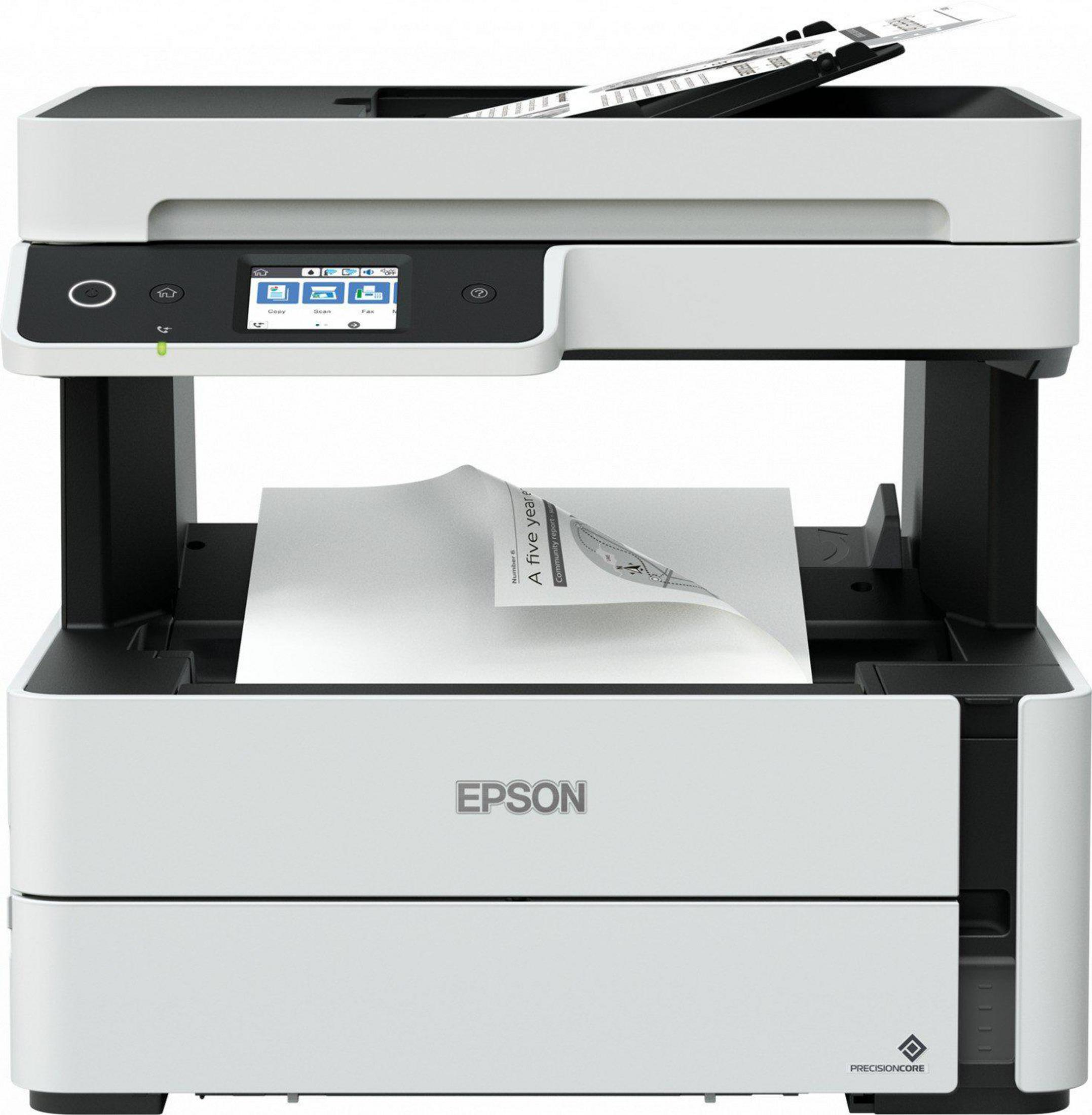 Una stampante Epson bianca con touchscreen e alimentatore di carta. Un foglio di carta poggia sul dispositivo.