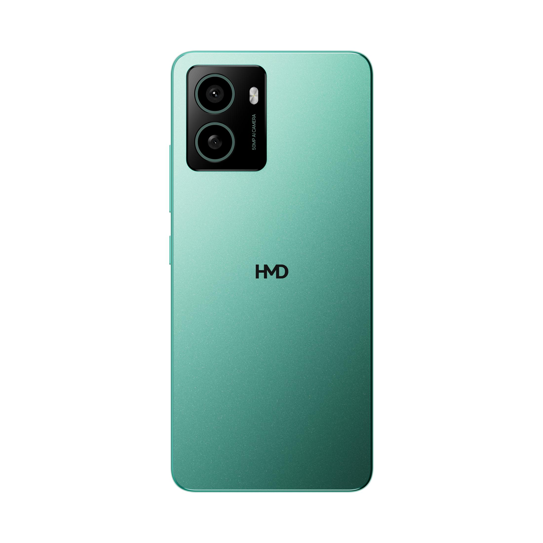 Retro di uno smartphone verde acqua con doppia fotocamera e logo HMD.
