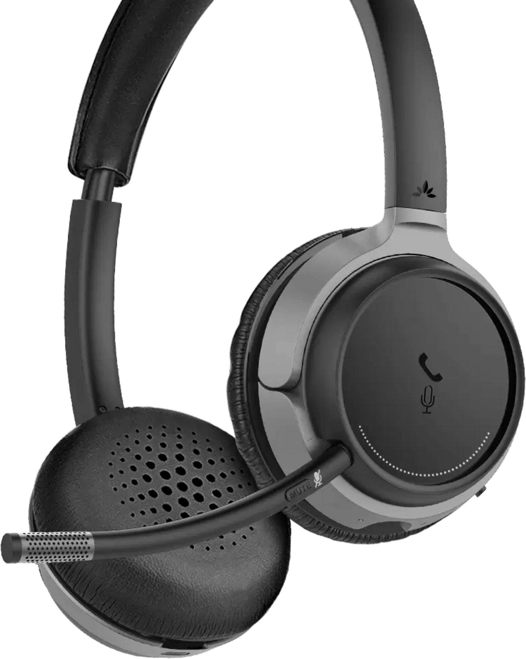 Casque circum-auriculaire noir avec microphone et bouton muet.