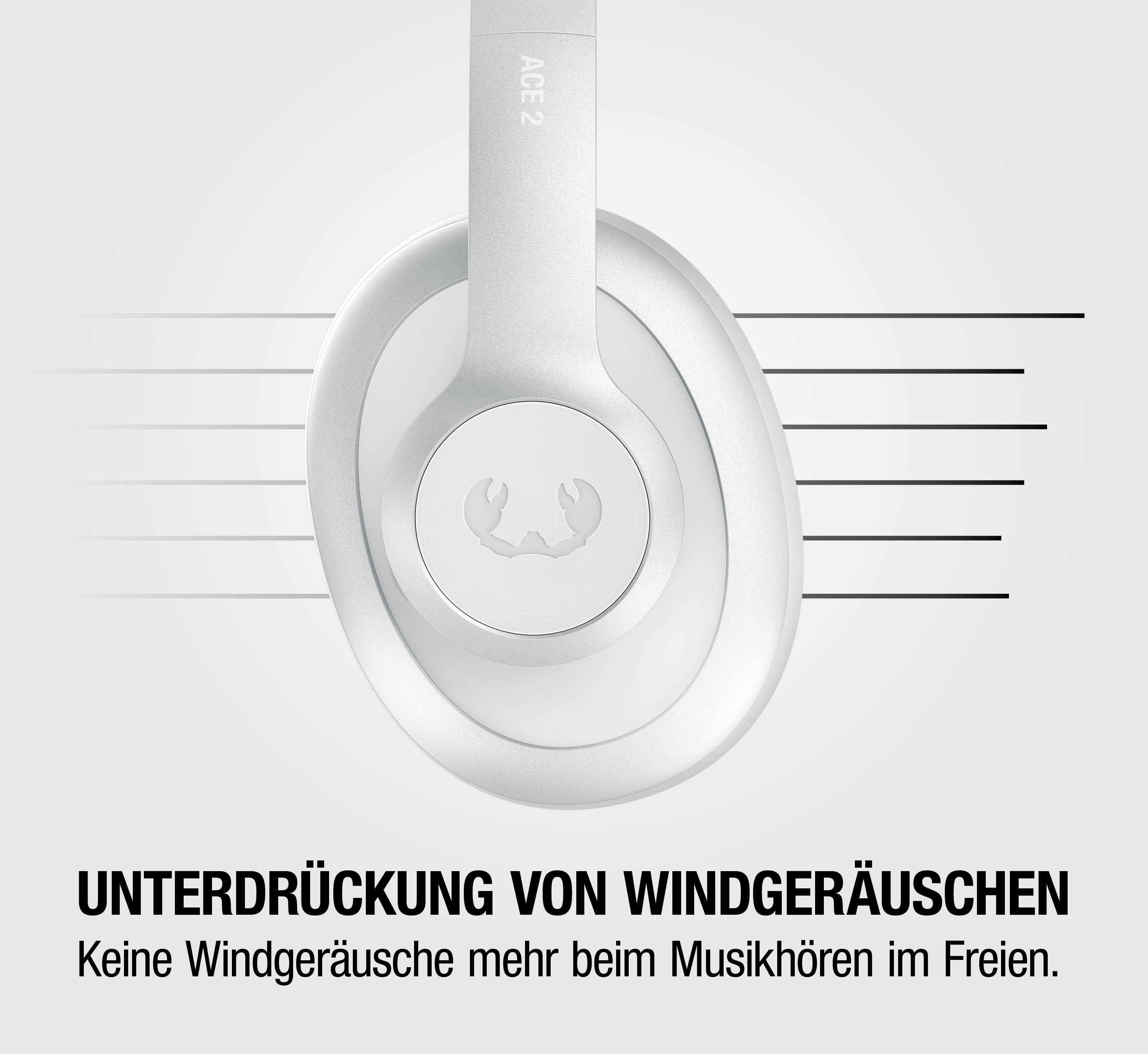 Weiße Kopfhörer mit Crab-Logo und Linien. Windgeräuschunterdrückung.