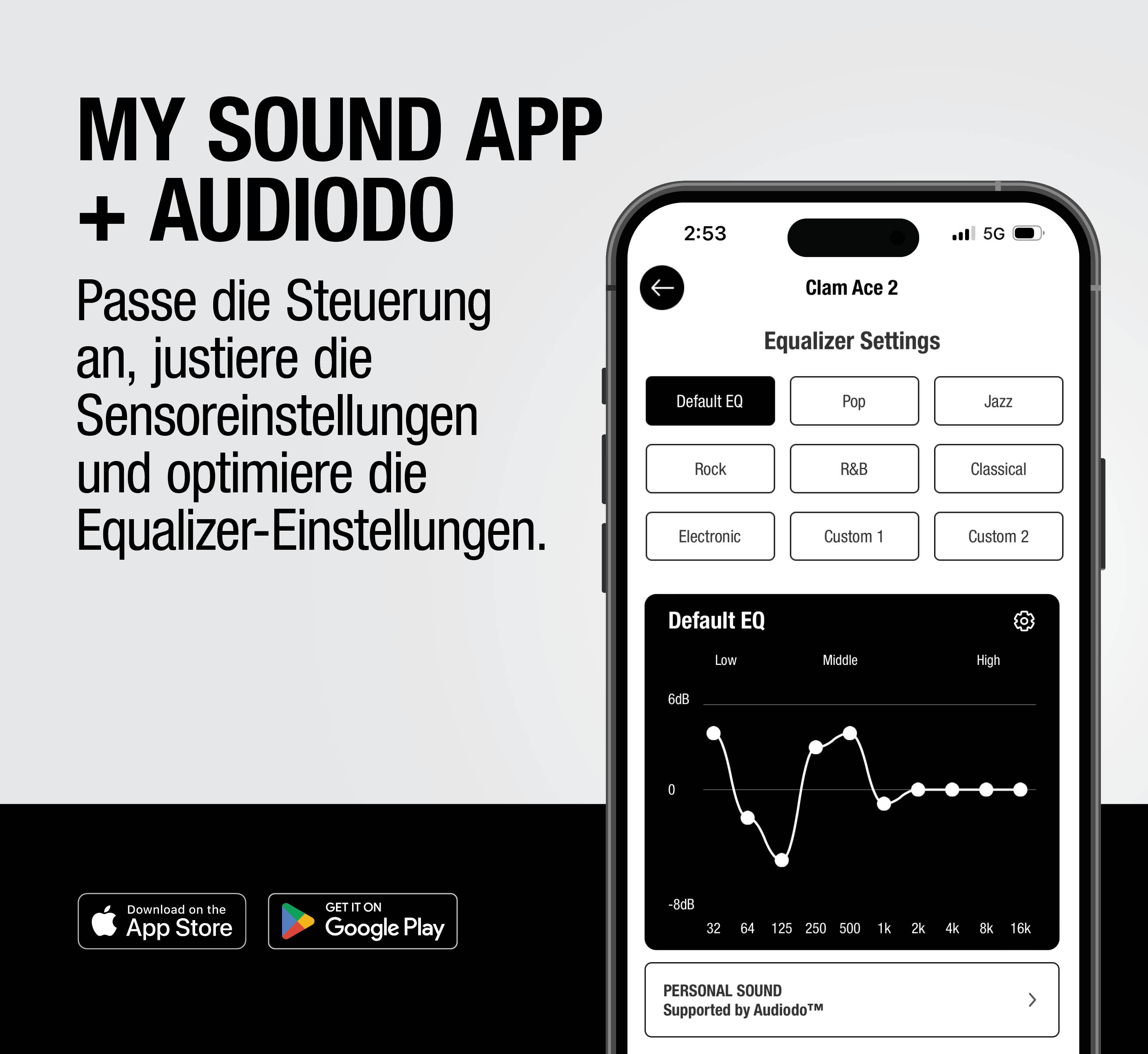App-Bildschirm zeigt Equalizer-Einstellungen mit einem Diagramm und Optionen.