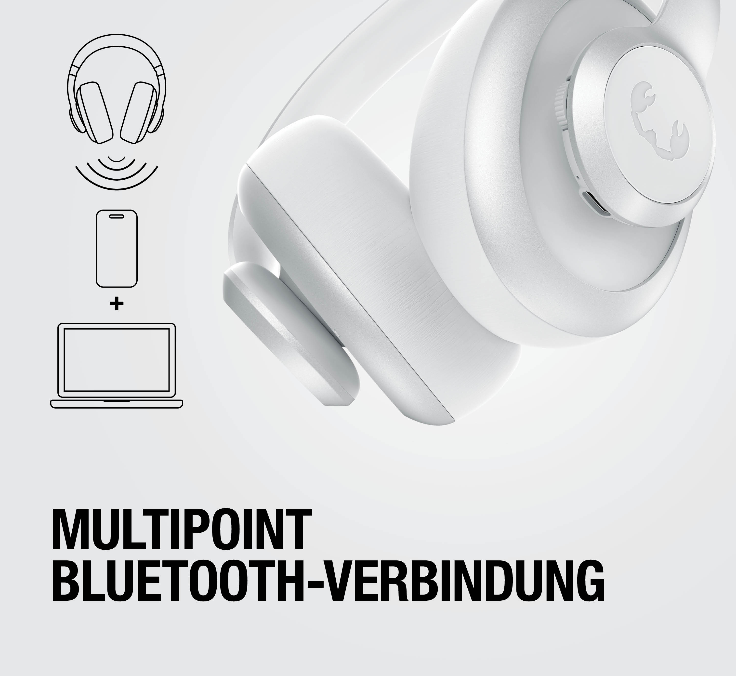 Weiße Kopfhörer mit Mehrpunkt-Bluetooth-Verbindungssymbolen.