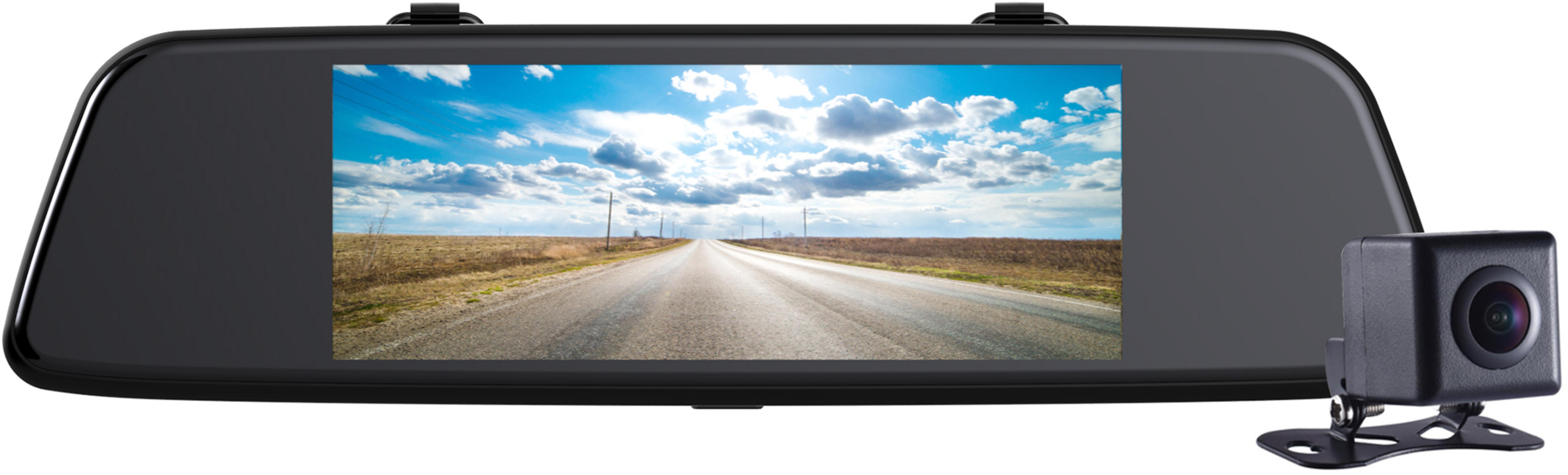 Rückspiegel-Monitor mit externer Kamera zeigt eine leere Straße.