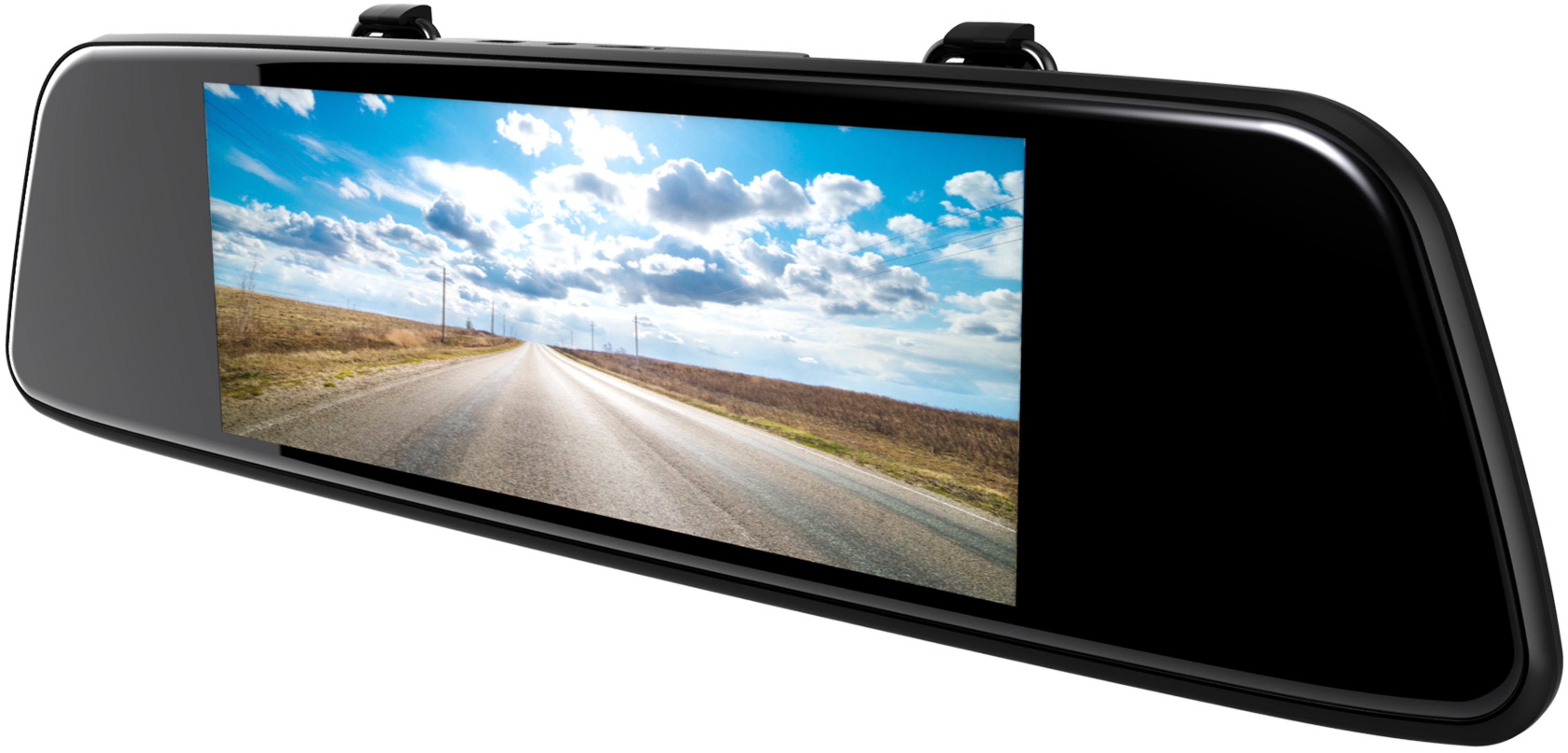 Rückspiegel mit Display, das eine Straße unter blauem Himmel zeigt.